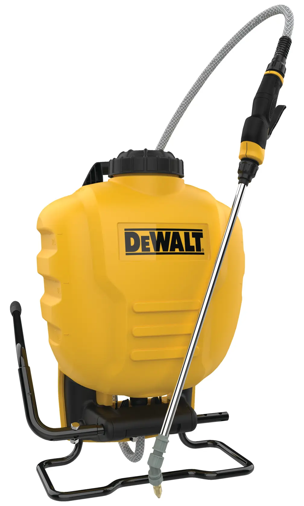A yellow DEWALT backpack sprayer with a black handle, hose, and spray wand, shown against a white background.