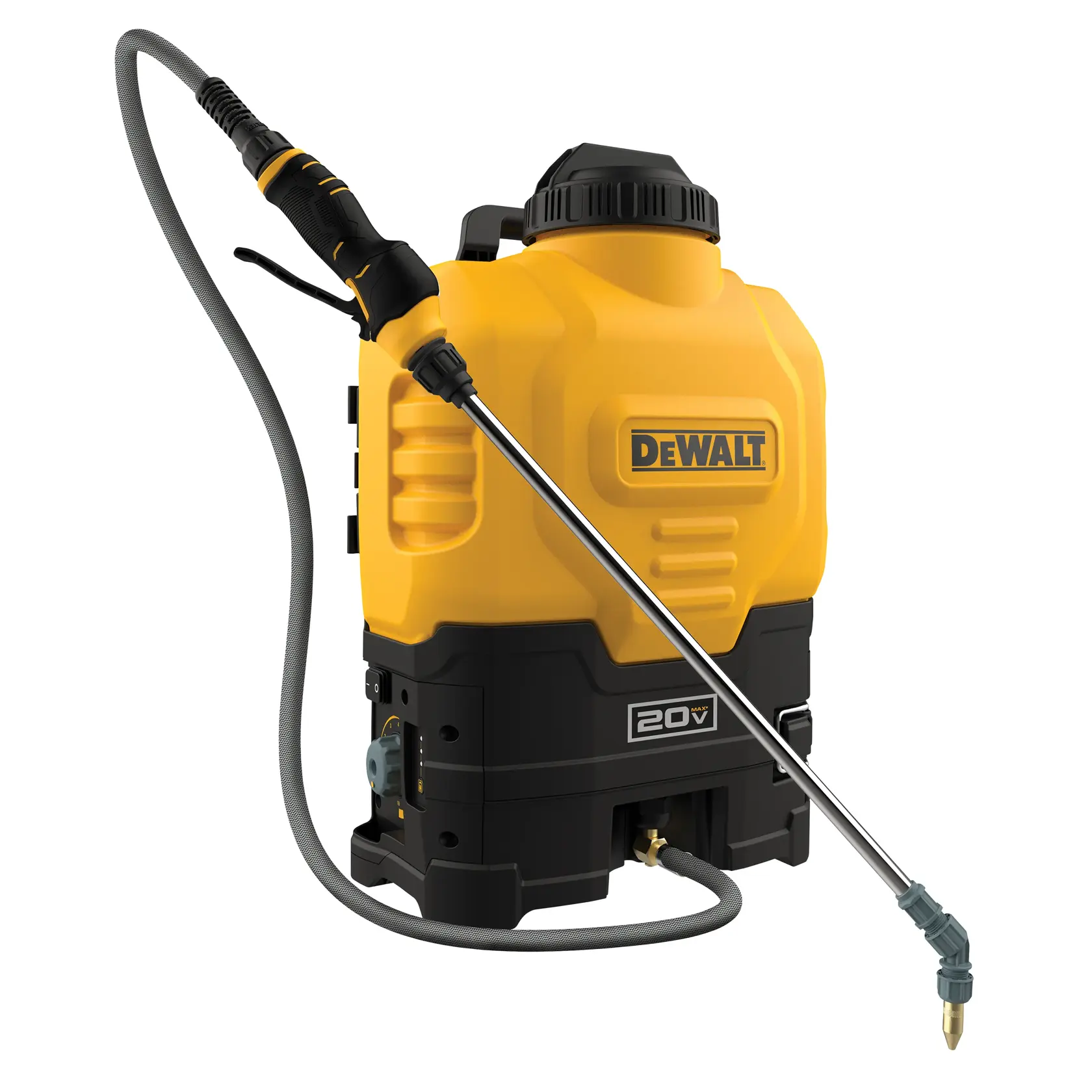 A DEWALT 20V battery-powered backpack sprayer with a yellow and black tank, a hose, and a spray wand.
