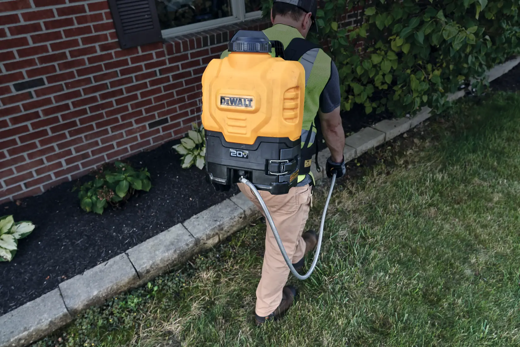 A person wearing a yellow DEWALT 20V battery-powered backpack sprayer, spraying along the edge of a lawn near a brick house and garden bed.