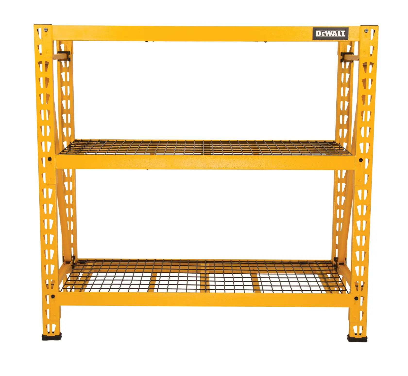 A yellow DEWALT metal shelving unit with three mesh shelves, designed for heavy-duty storage.