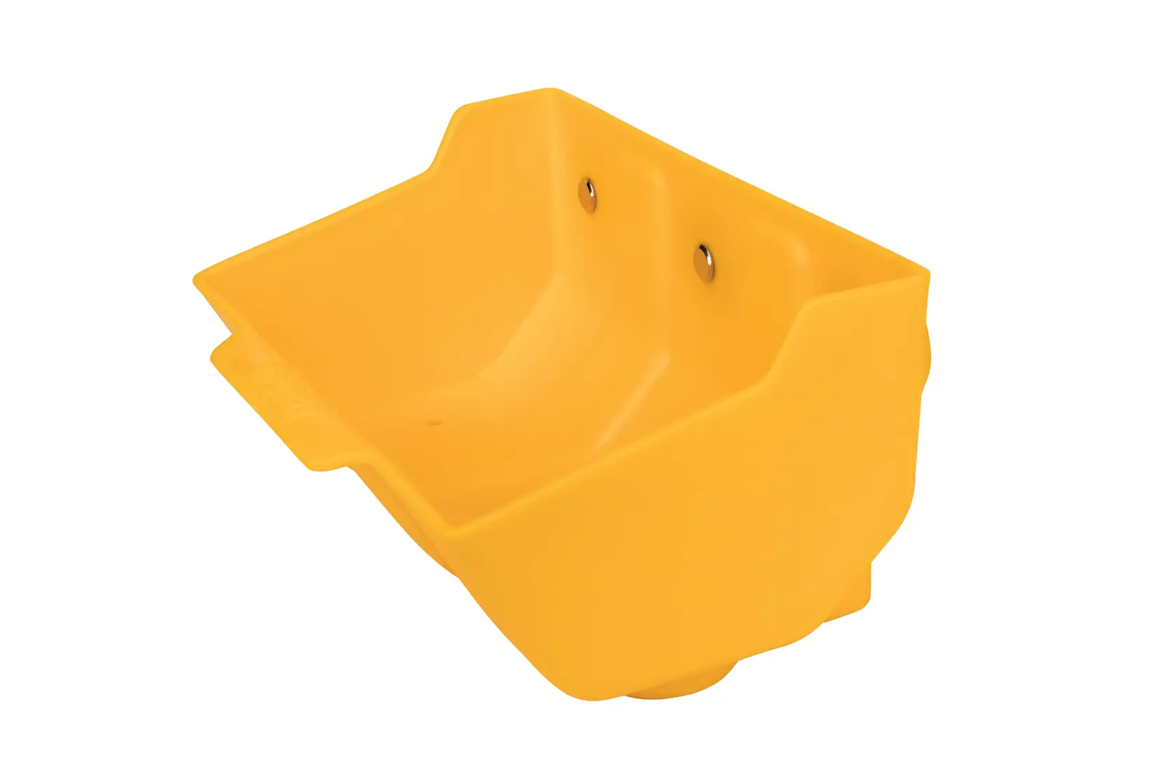 A yellow plastic storage bin with a rectangular open top and two mounting holes on the back.