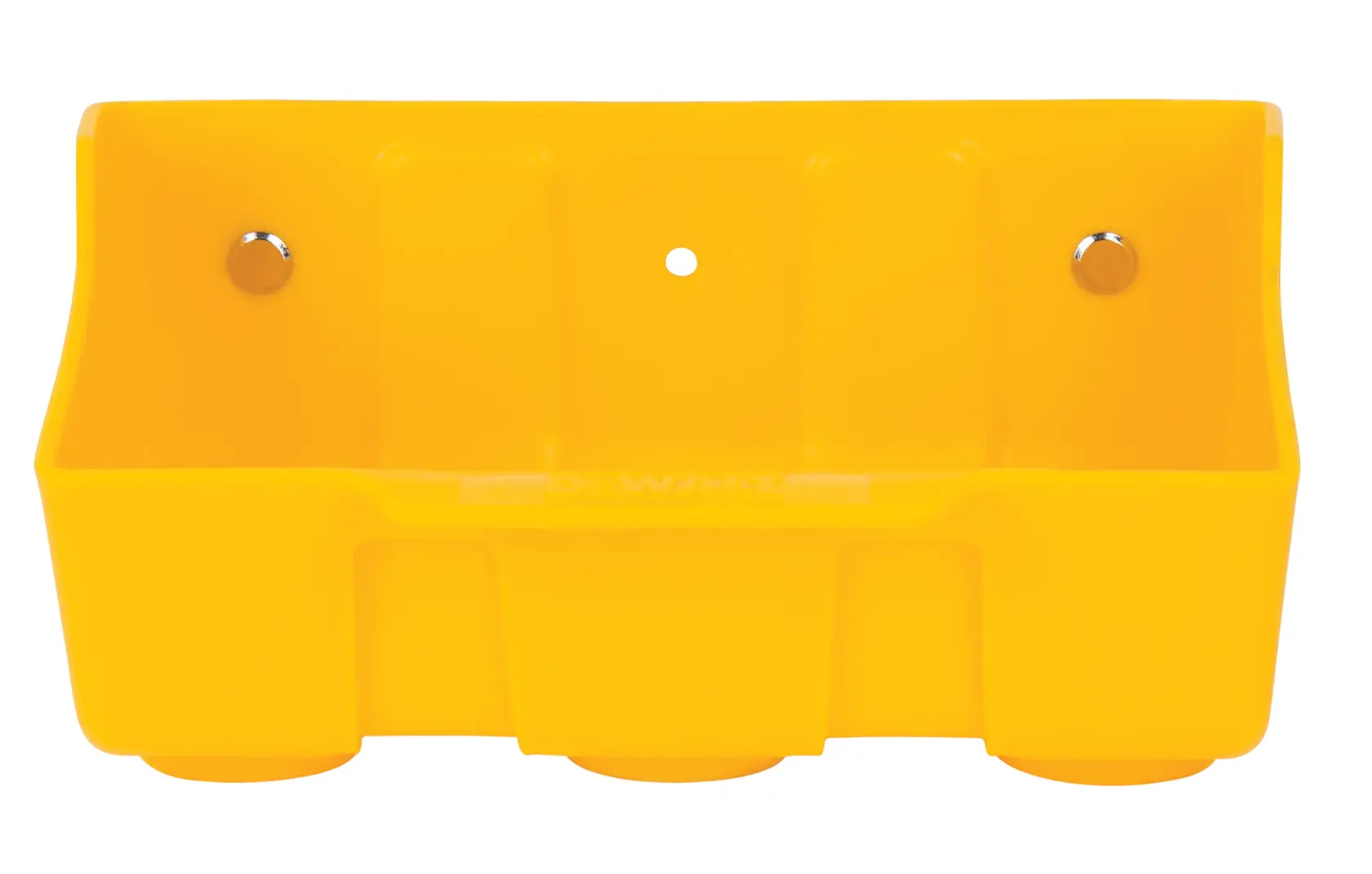 A yellow plastic wall-mounted organizer with three compartments and two round mounting screws visible. The storage accessory is designed for tools or hardware.