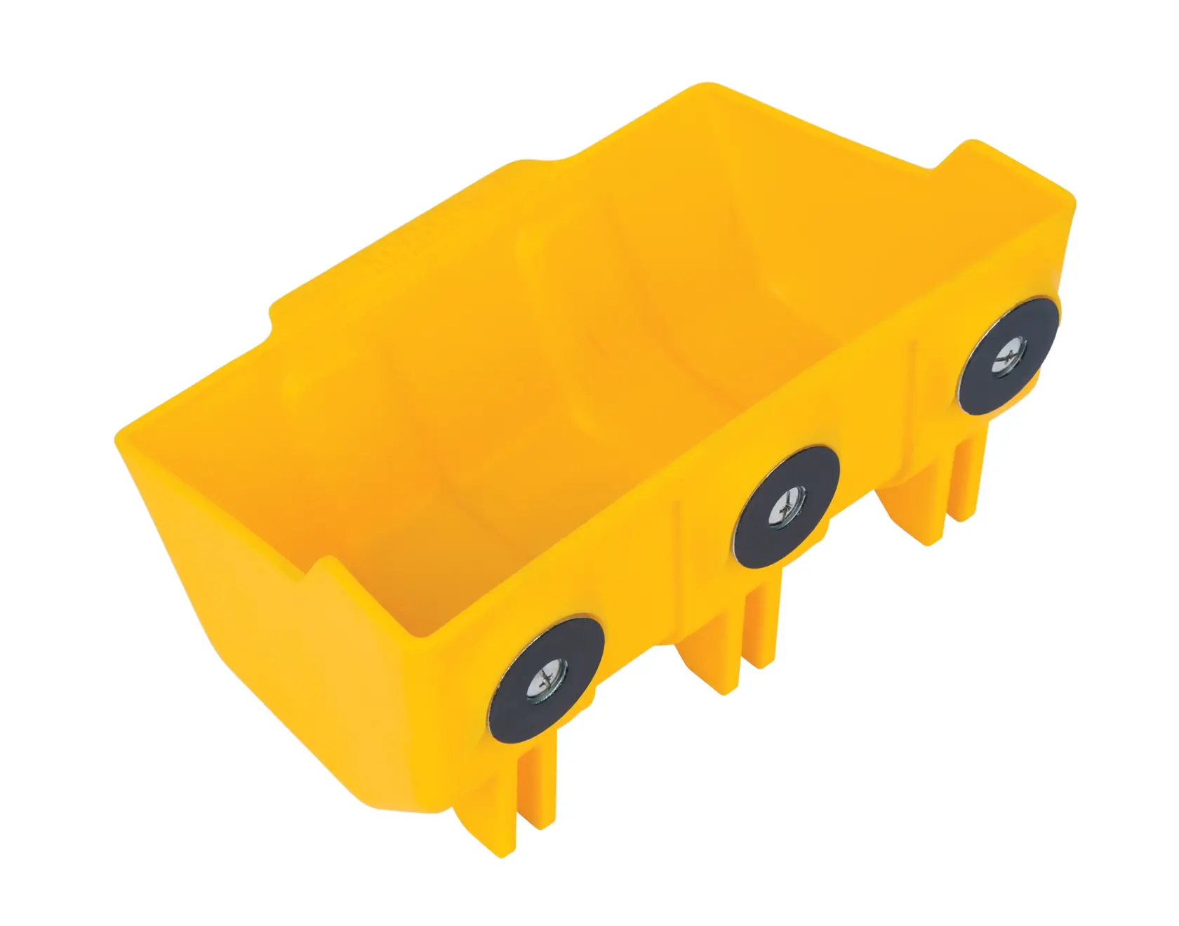 A yellow plastic storage bin with three black round attachment points on one side, designed for organizing tools or small items.