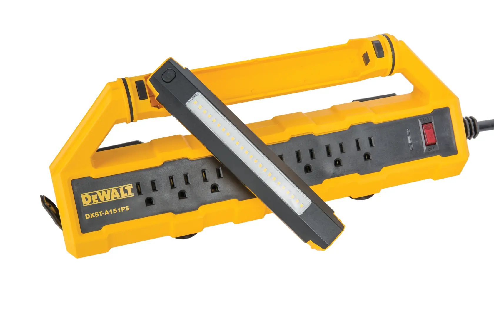 A yellow DEWALT DXSTA151PS power strip with multiple electrical outlets and an integrated LED work light attached to the front.