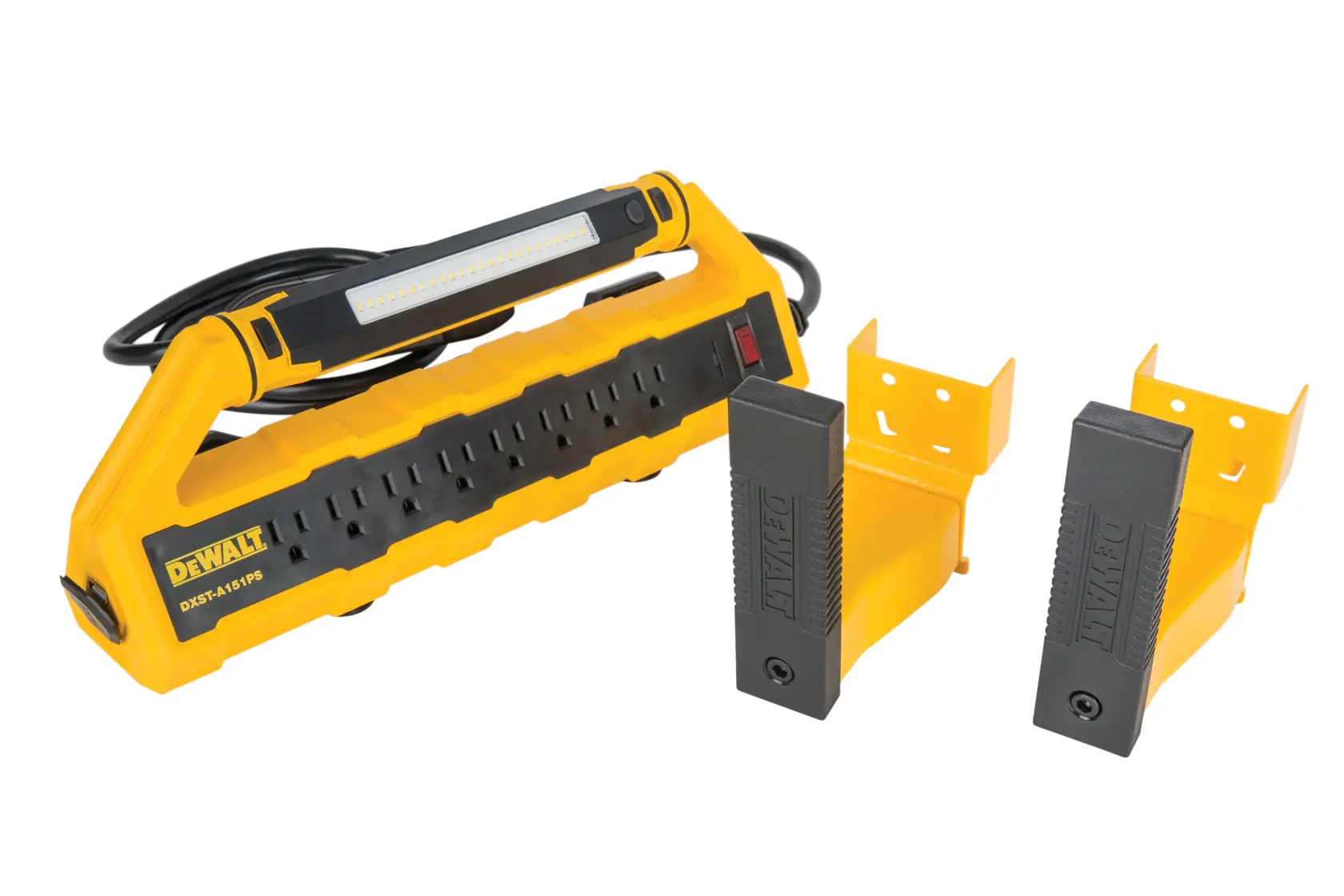 A DEWALT DXSTA151PS portable power strip with a built-in LED work light, shown alongside two yellow and black mounting brackets.