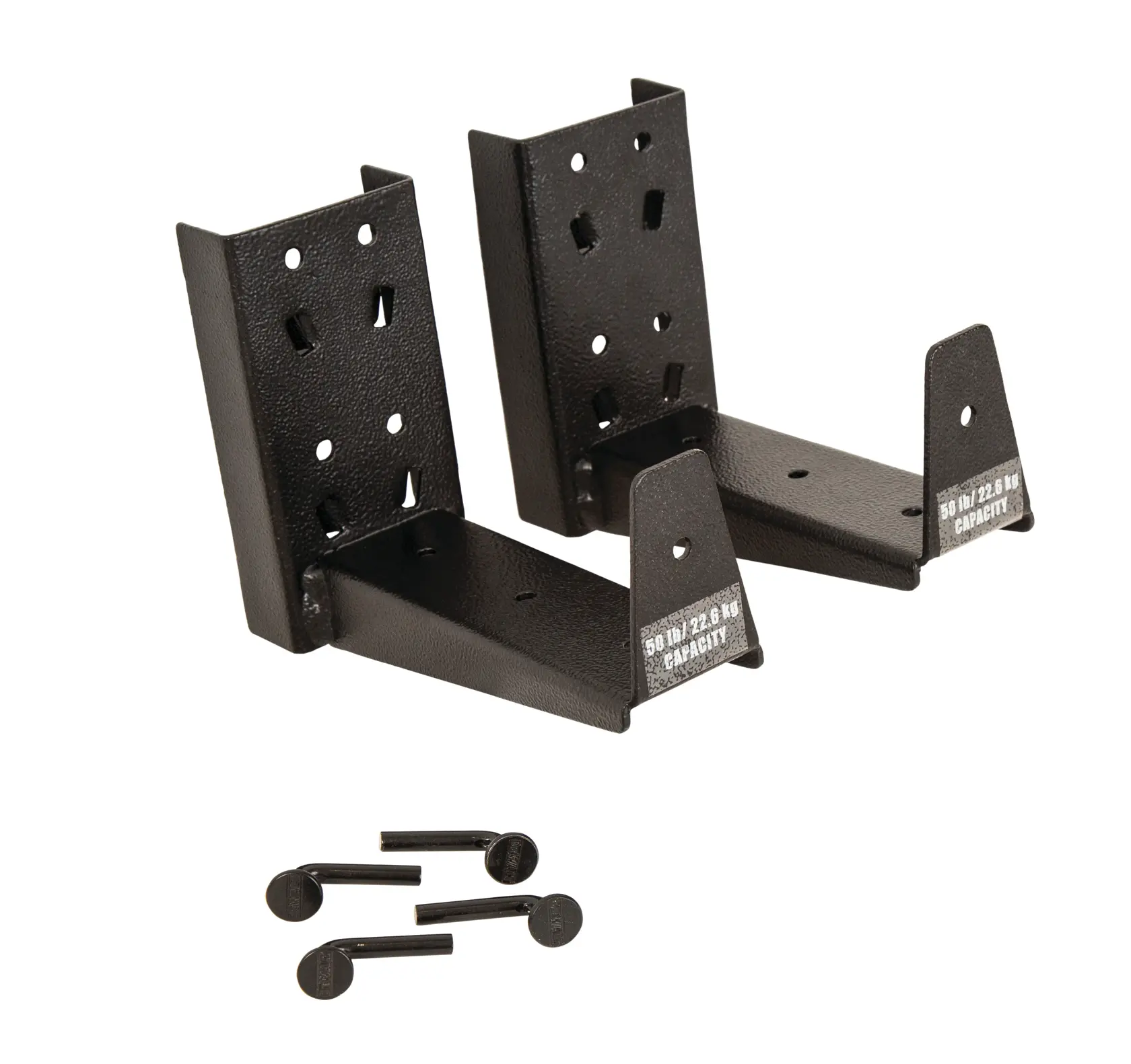 A pair of black metal wall mount brackets with multiple holes for installation, accompanied by four black fastening pins. The brackets are labeled with a 50 lb (22.6 kg) capacity.