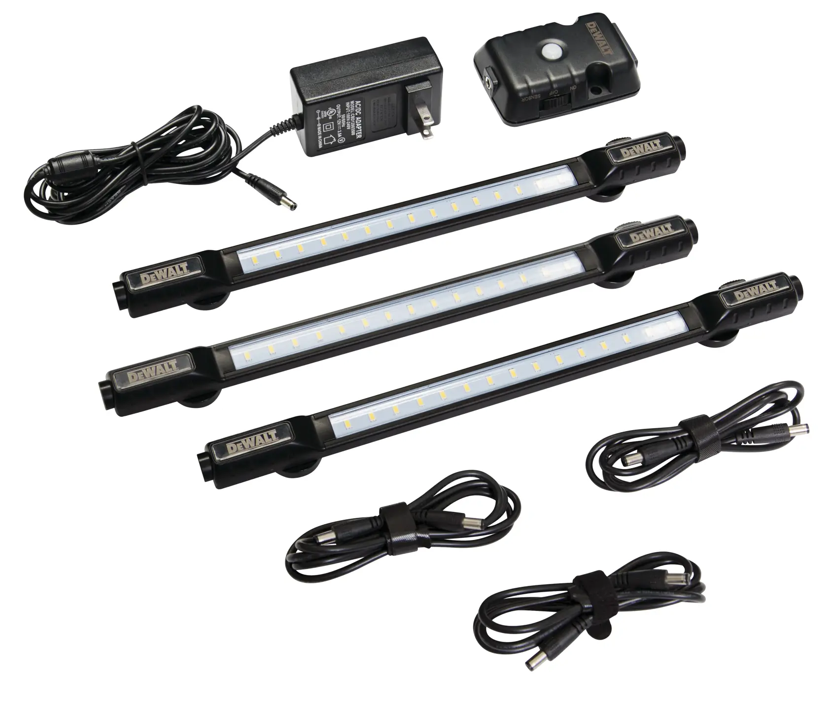 DEWALT LED lighting kit including three black LED light strips, a power adapter, a control module, and three power cables arranged on a white background.