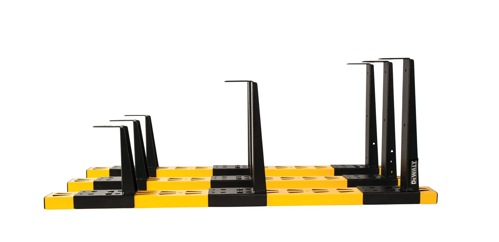 Side view of DEWALT DXSTACLR, a set of three yellow and black metal tool holders with angled brackets, designed for wall mounting and organizing tools.