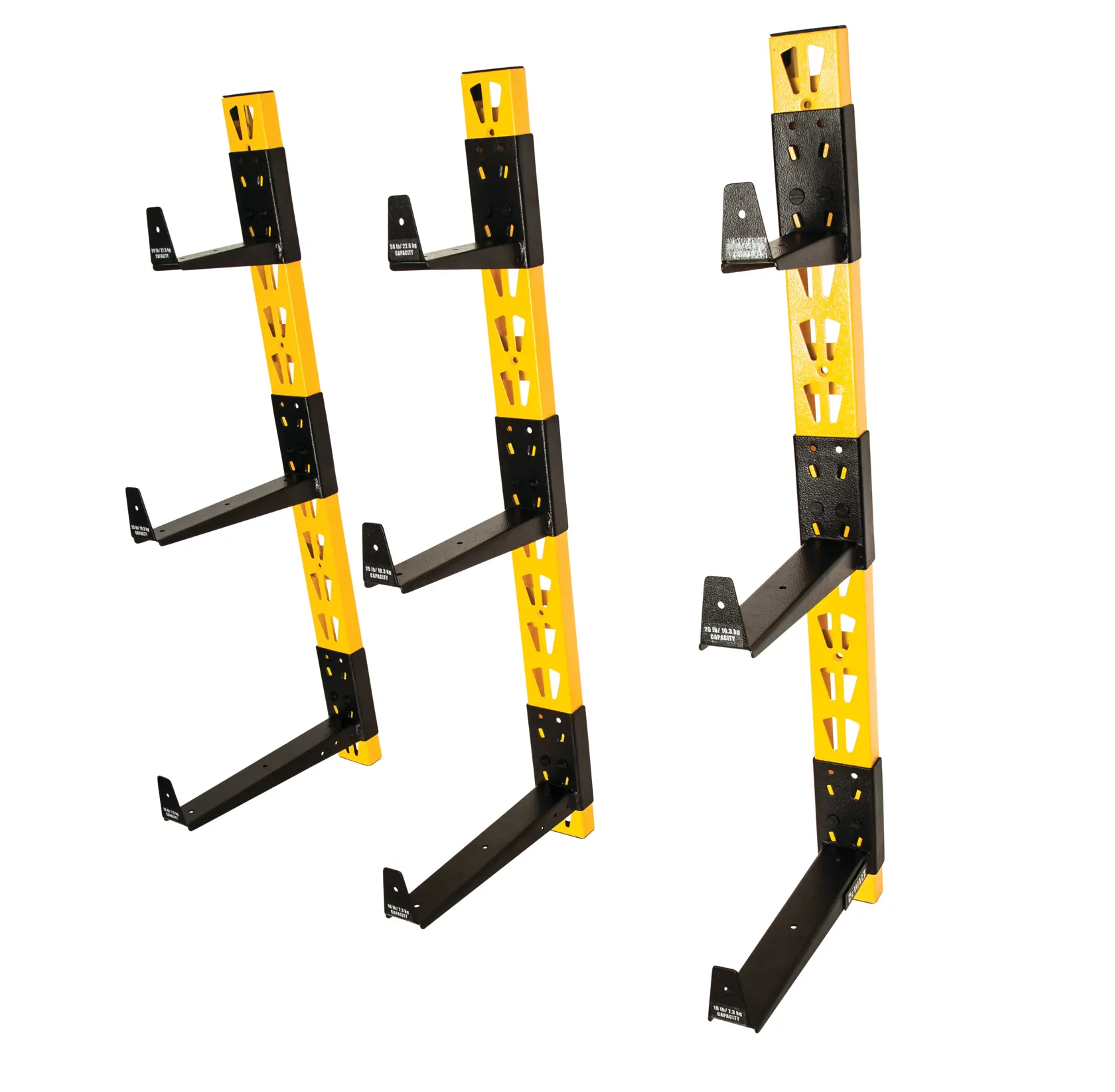 Set of three yellow and black metal wall-mounted storage racks with adjustable arms, designed for organizing and storing long items such as pipes, lumber, or sports equipment.