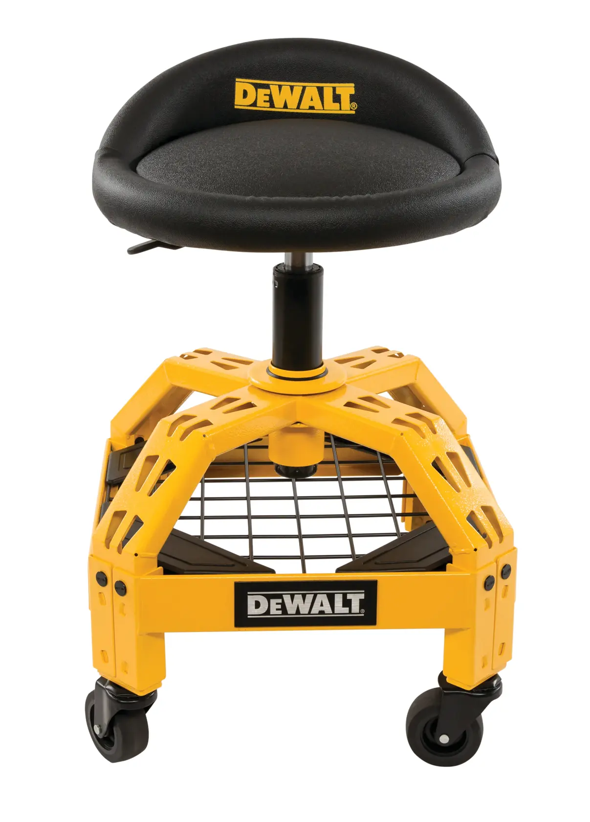 A DEWALT adjustable work stool with a padded seat, yellow metal frame, and wheels for mobility. The stool also features a wire mesh storage shelf under the seat.