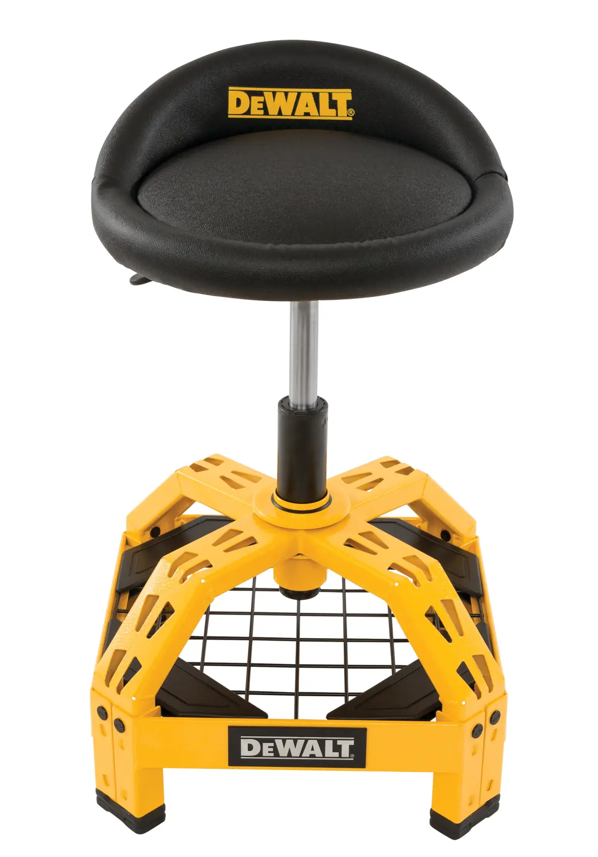 A DEWALT branded adjustable workshop stool with a round cushioned seat and a sturdy yellow metal base.