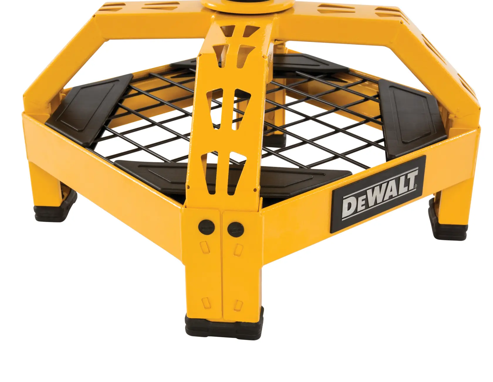A yellow DEWALT brand heavy-duty metal shop stand with a square base and angled sides, featuring a mesh platform and reinforced corners.