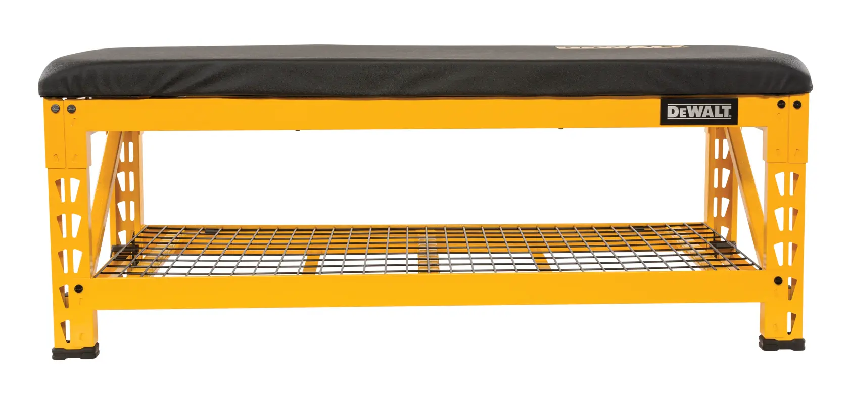 A yellow DEWALT bench with a black cushioned seat and a metal grid shelf underneath.