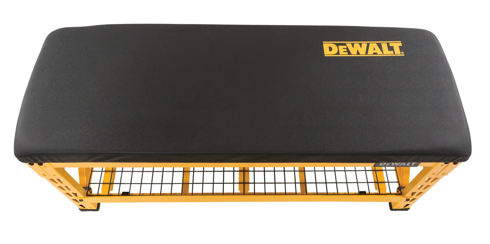 A DEWALT branded bench with a black cushioned top and yellow metal frame, viewed from above. The bench includes a wire storage shelf underneath.