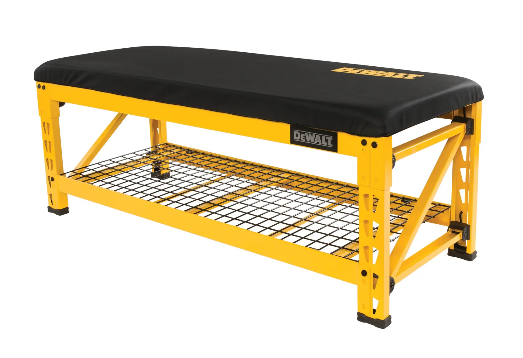 A DEWALT branded yellow metal bench with a black cushioned top and a wire mesh storage shelf underneath.