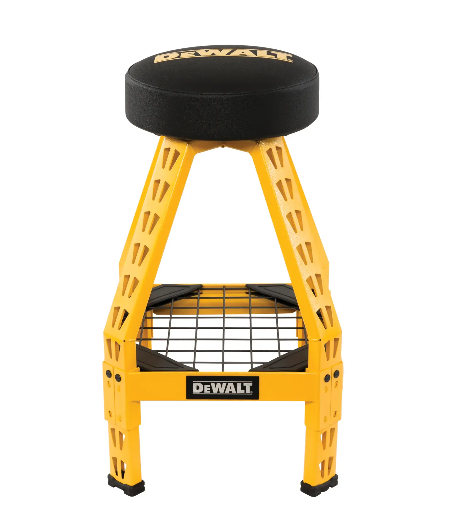 A DEWALT-branded industrial yellow workshop stool featuring a round black cushioned seat and a sturdy metal frame with a wire shelf at the base.