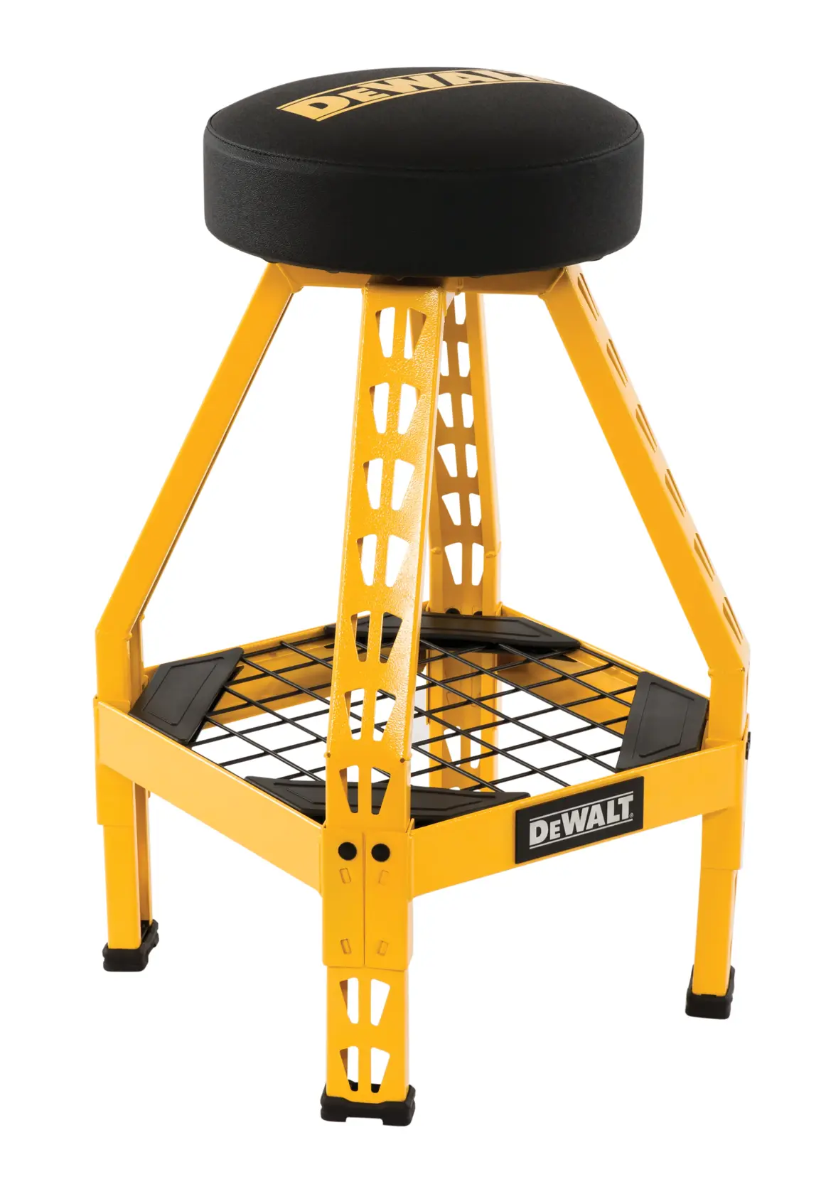A yellow DEWALT-branded work stool with a cushioned black seat, a metal frame, and a wire mesh shelf beneath the seat.