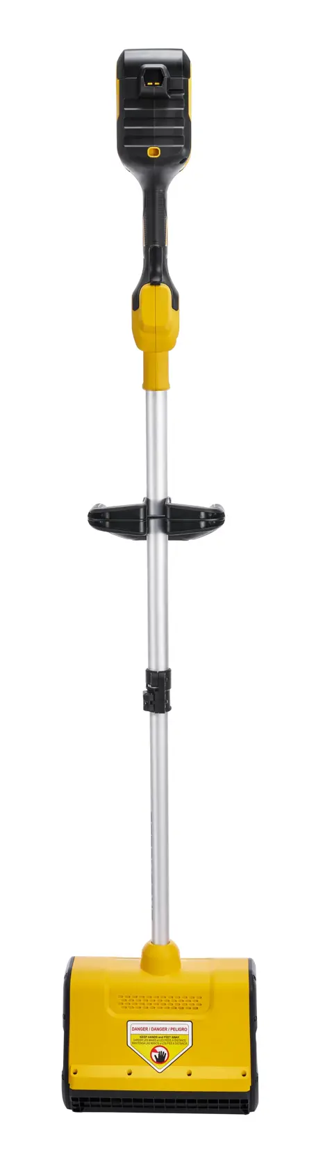 A DEWALT upright stick vacuum cleaner with a yellow and black body, featuring a long handle and an ergonomic grip, designed for efficient cleaning on hard floors and carpets.
