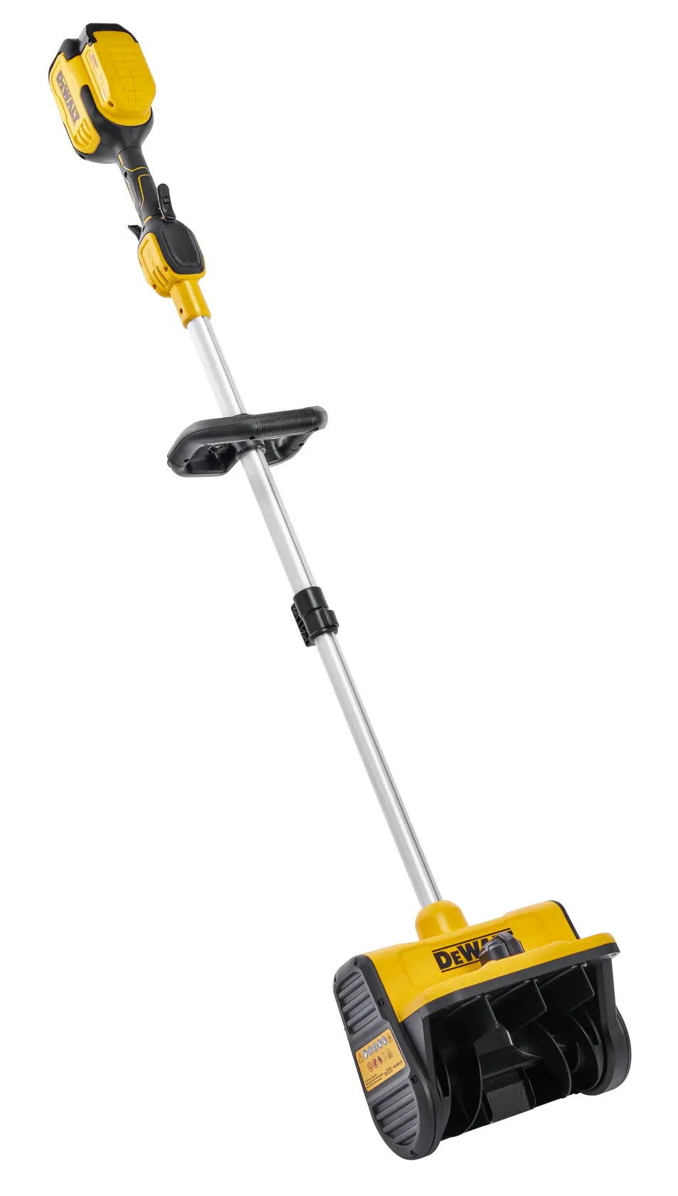 A DEWALT-branded cordless electric snow shovel with a yellow and black color scheme, featuring a long handle, auxiliary grip, and a wide clearing head designed for removing snow.