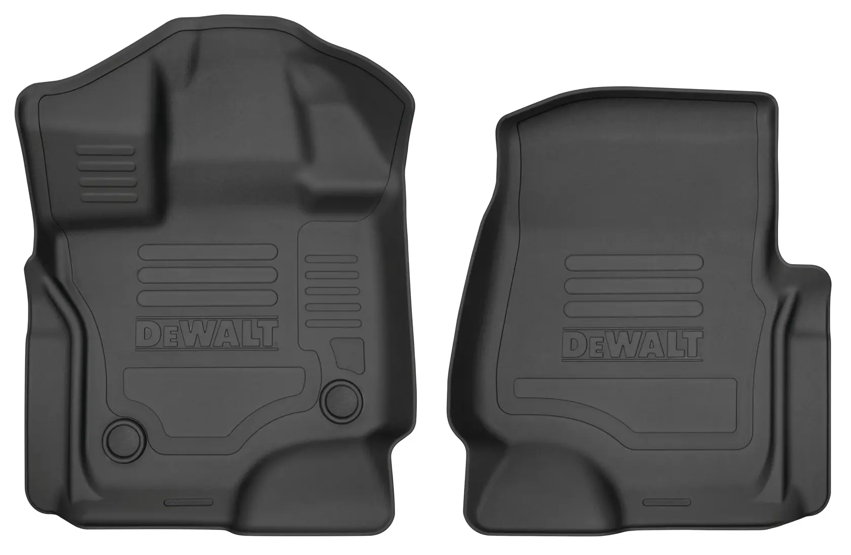 A pair of black DEWALT branded molded car floor mats with raised edges and textured surfaces, designed to fit the front seats of a vehicle.