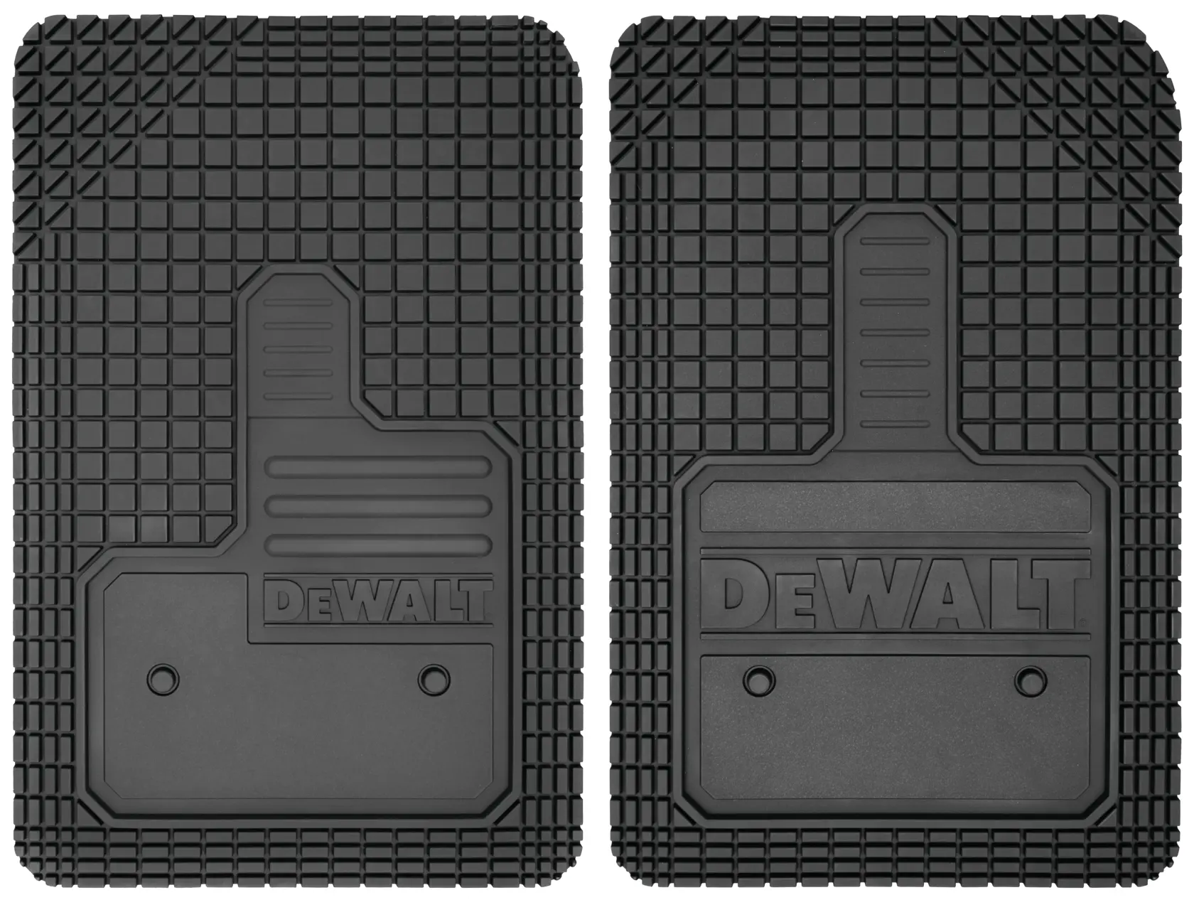 A pair of black DEWALT branded protective knee pads with textured surfaces and square patterns, designed for durability and comfort in work environments.