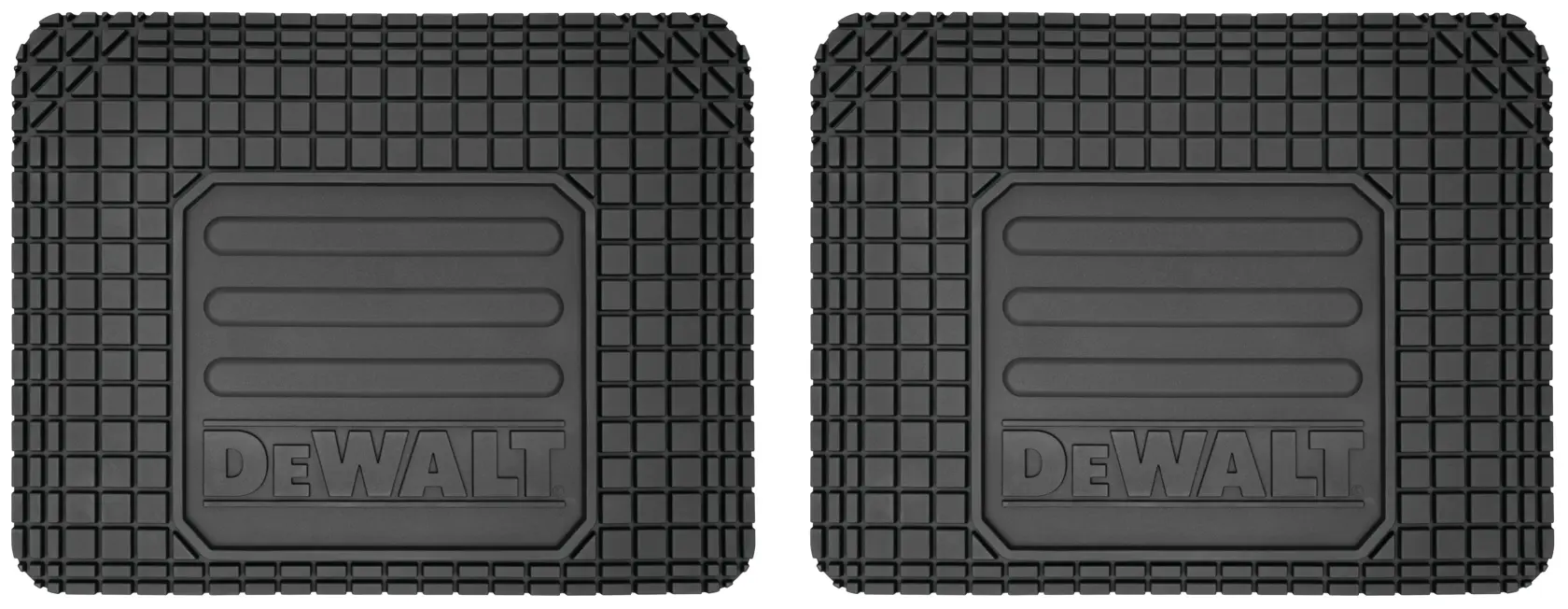 Two rectangular black DEWALT branded kneeling pads with a textured grid pattern surround and a smooth central area, shown side by side on a white background.
