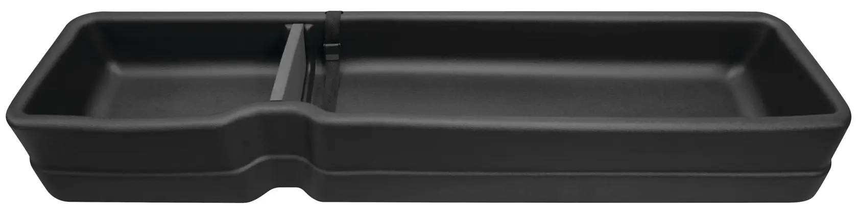 A black plastic divided tray with two compartments, viewed from the front. The tray has a raised edge and a central divider.
