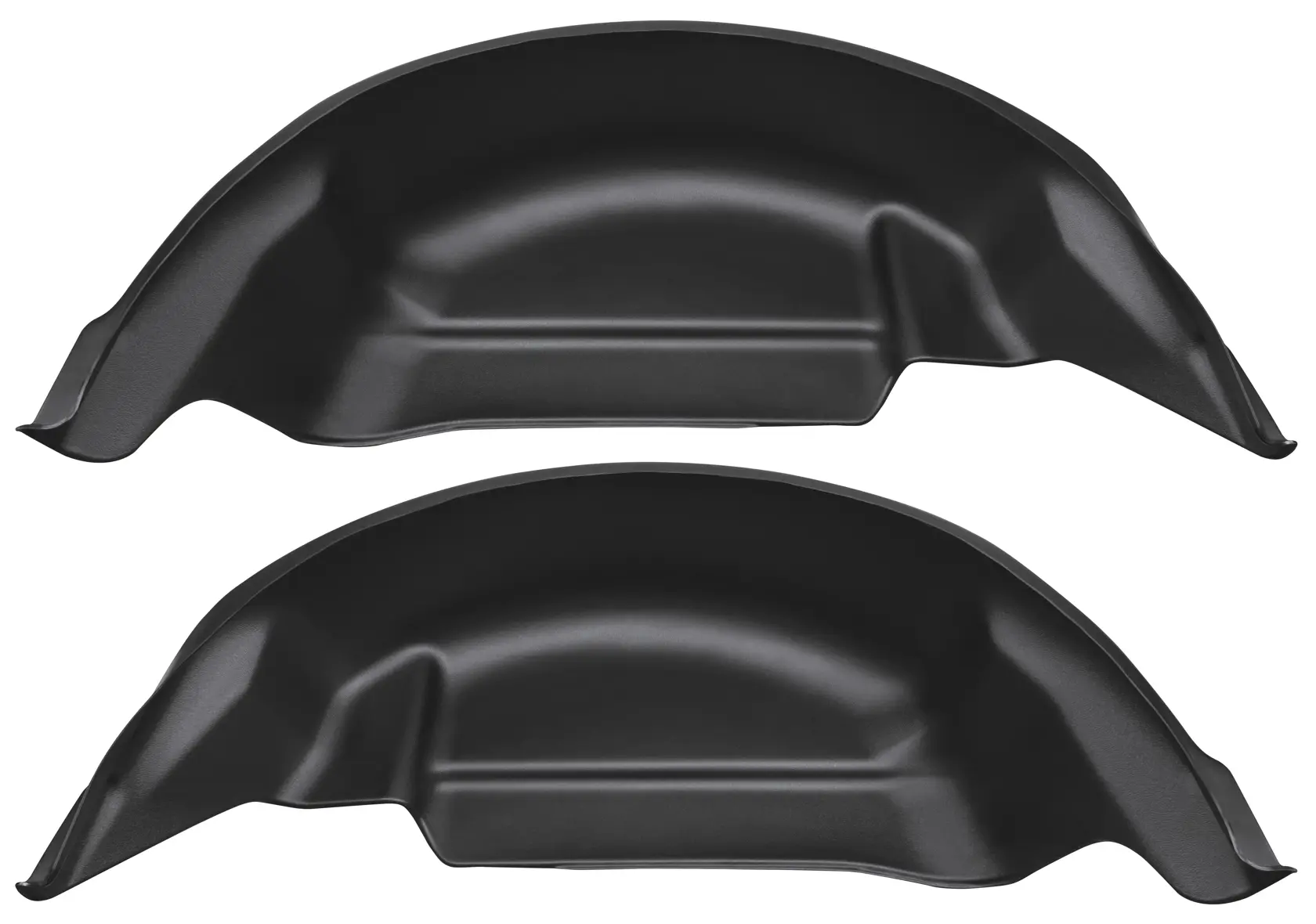 Two black plastic wheel well protectors, shown side by side.