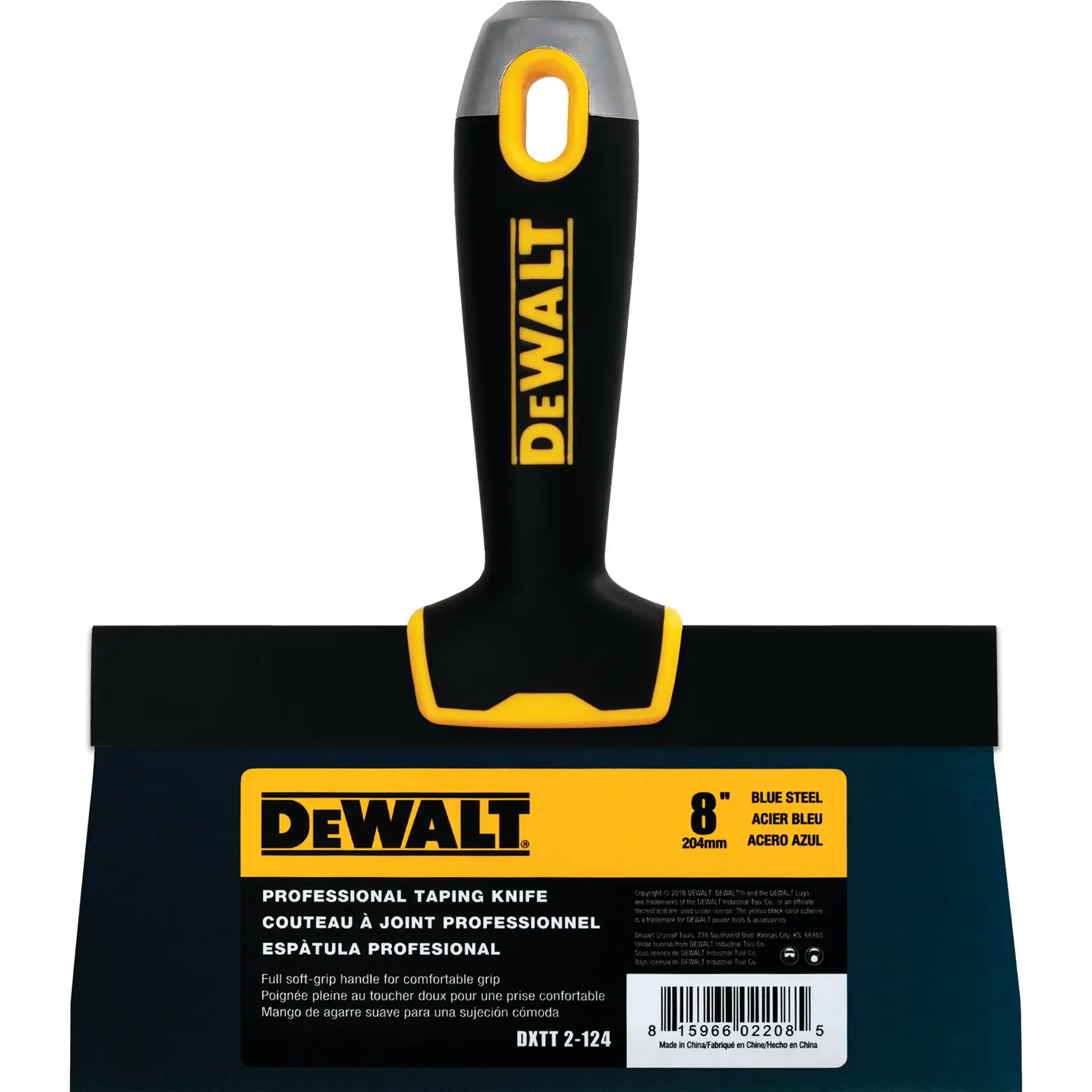 DEWALT 8-inch professional taping knife with a black and yellow soft-grip handle and blue steel blade, model DXTT-2-124.