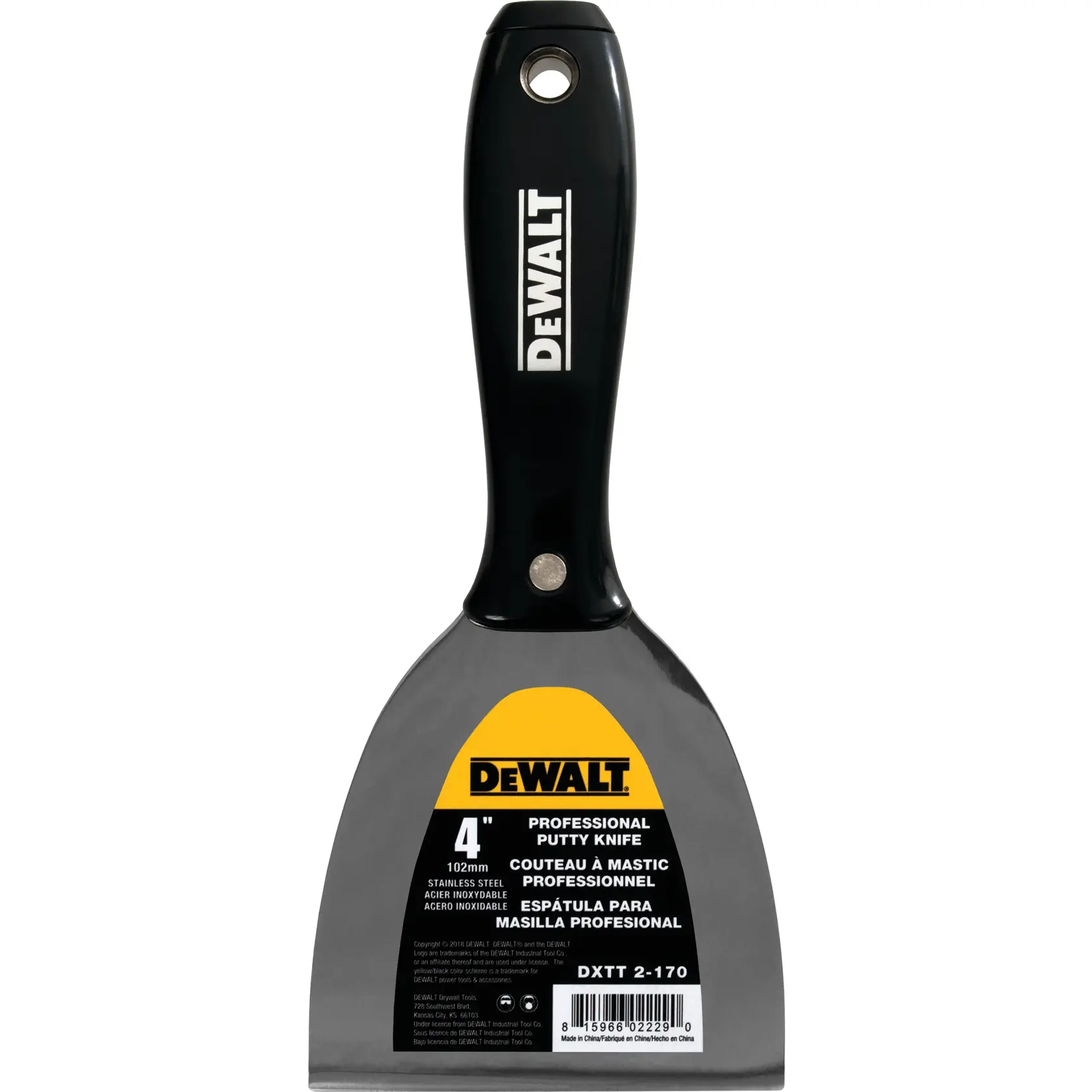 A DEWALT professional putty knife with a black handle and stainless steel blade. The blade displays the brand name and product specifications, including a size of 4 inches (102 mm), and multilingual description labels.