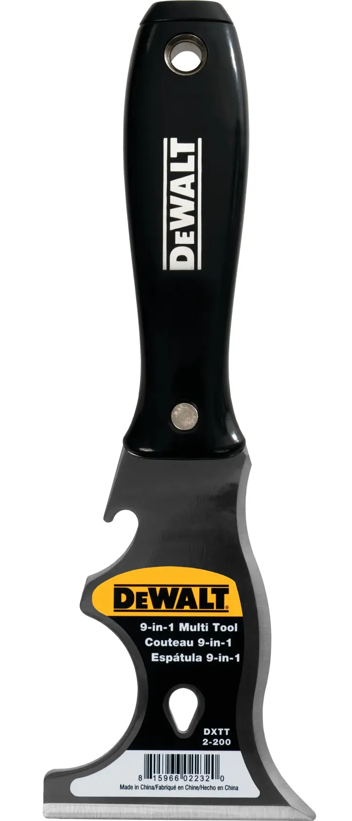 A DEWALT 9-in-1 multi tool with a black handle and stainless steel blade, designed for various tasks such as scraping, cutting, and prying. The DEWALT logo and product information are visible on the blade.