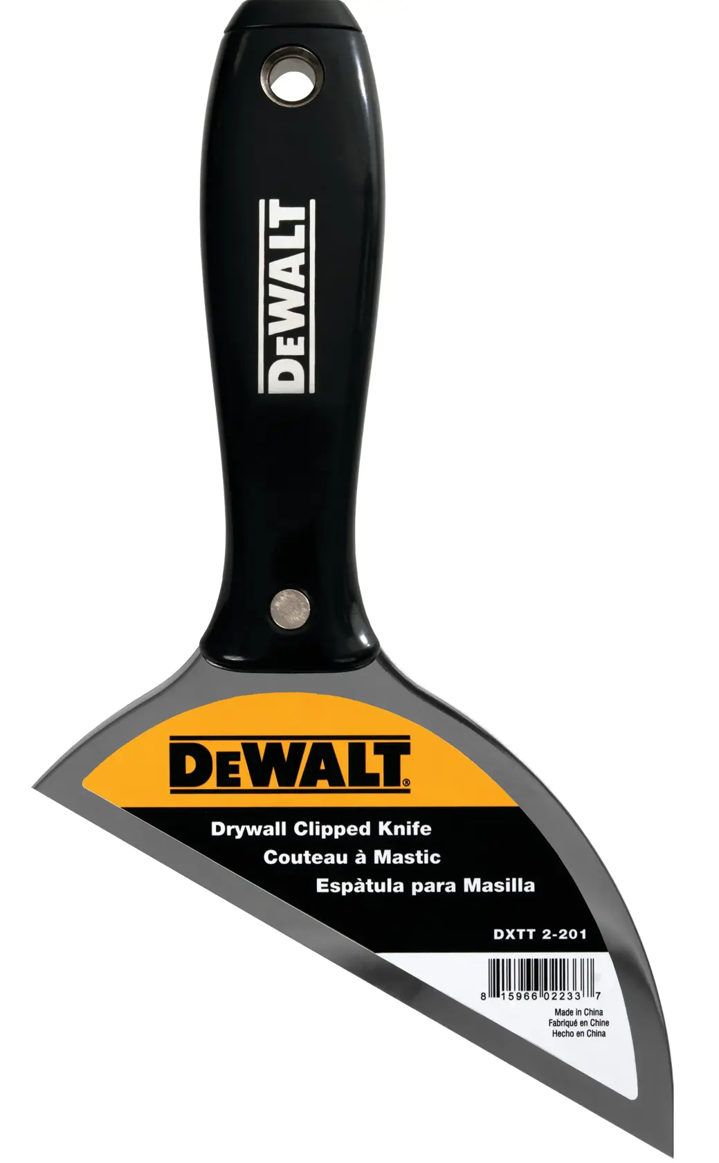 A DEWALT drywall clipped knife, model DXTT-2-201, featuring a black handle and a wide metal blade. The product has a DEWALT logo and multilingual labeling on the blade.