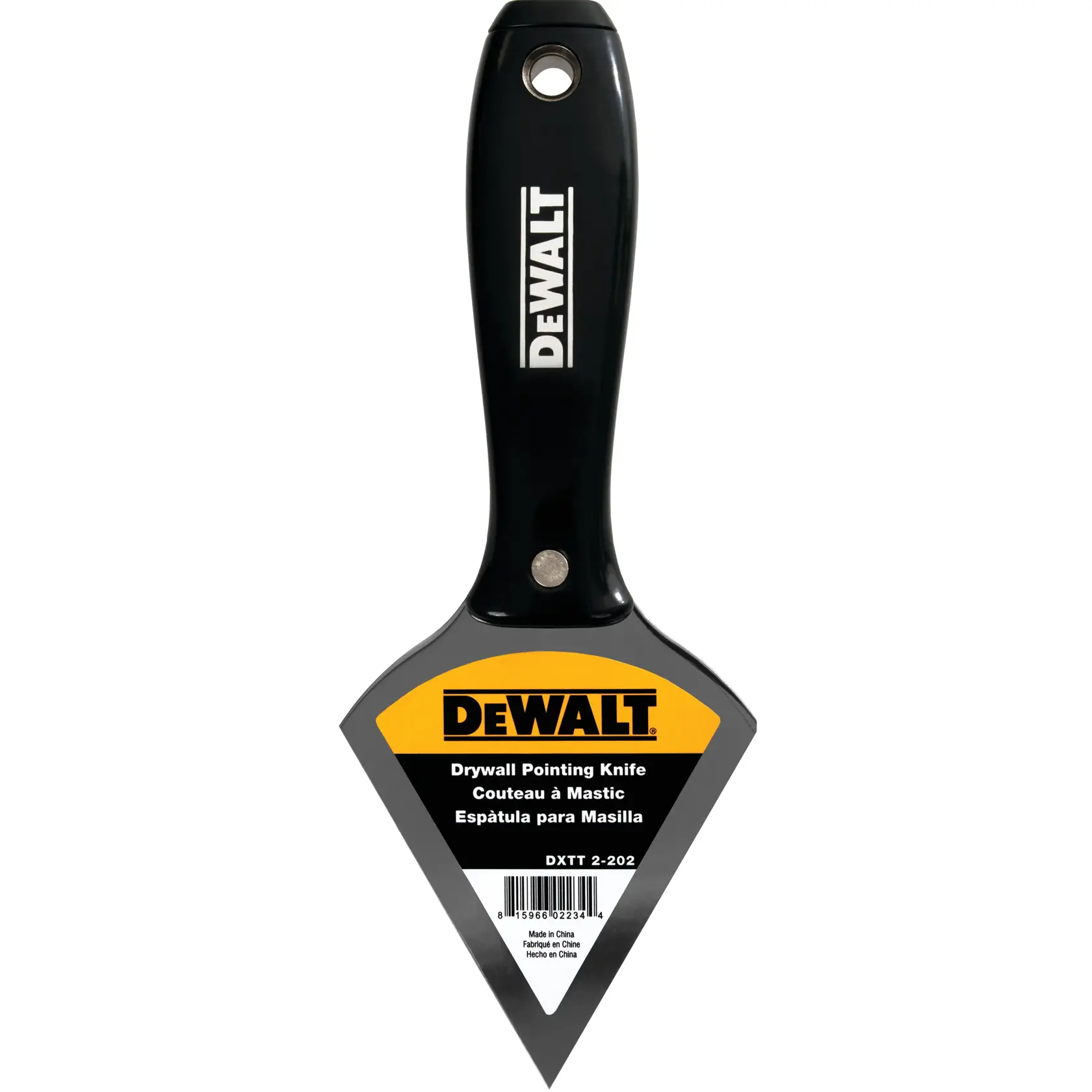 A DEWALT drywall pointing knife with a black handle and triangular metal blade. The packaging on the blade displays the DEWALT logo and product details in English, French, and Spanish.