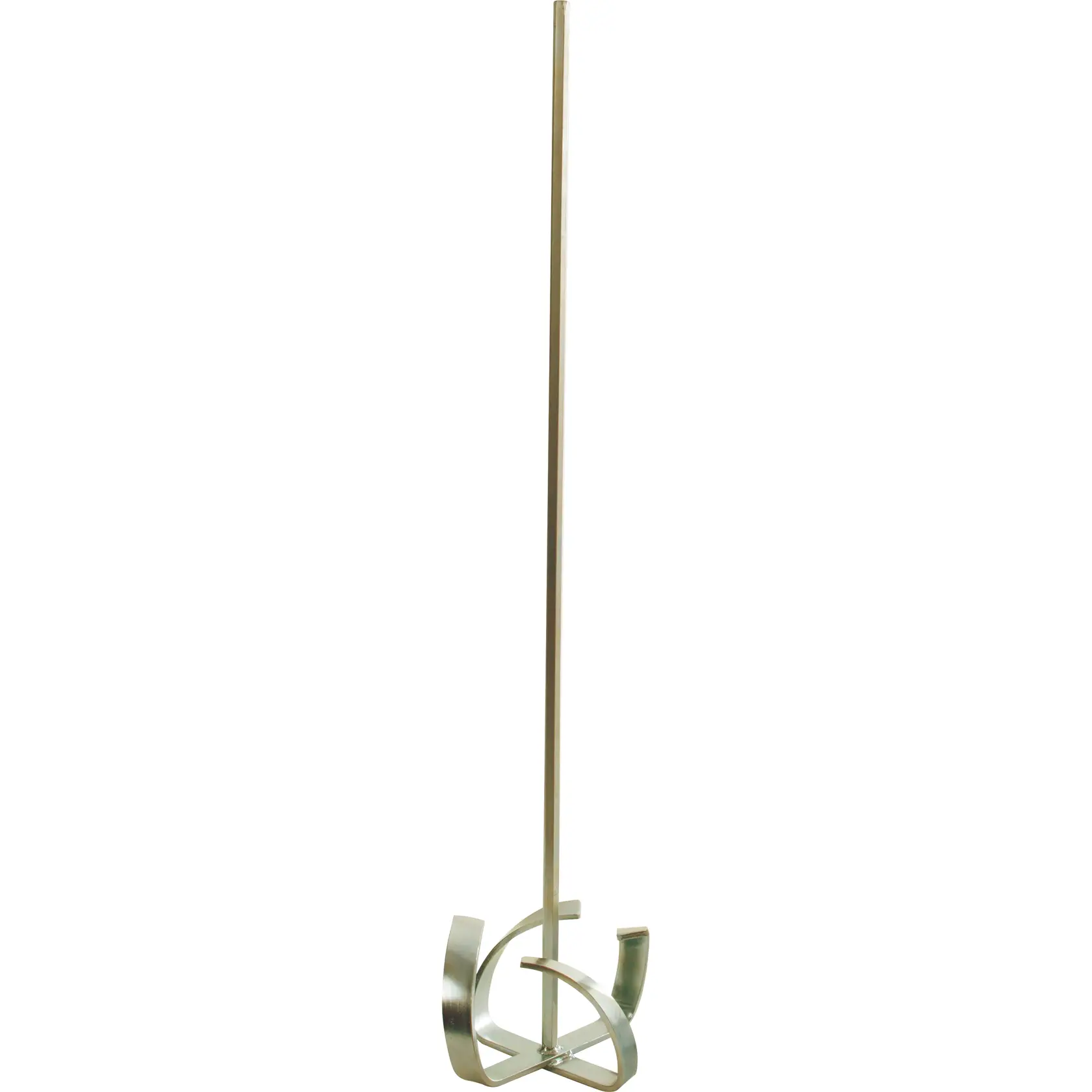 A metal mixing paddle with a long straight handle and a spiral blade at the end, designed for mixing materials such as paint or drywall compound.