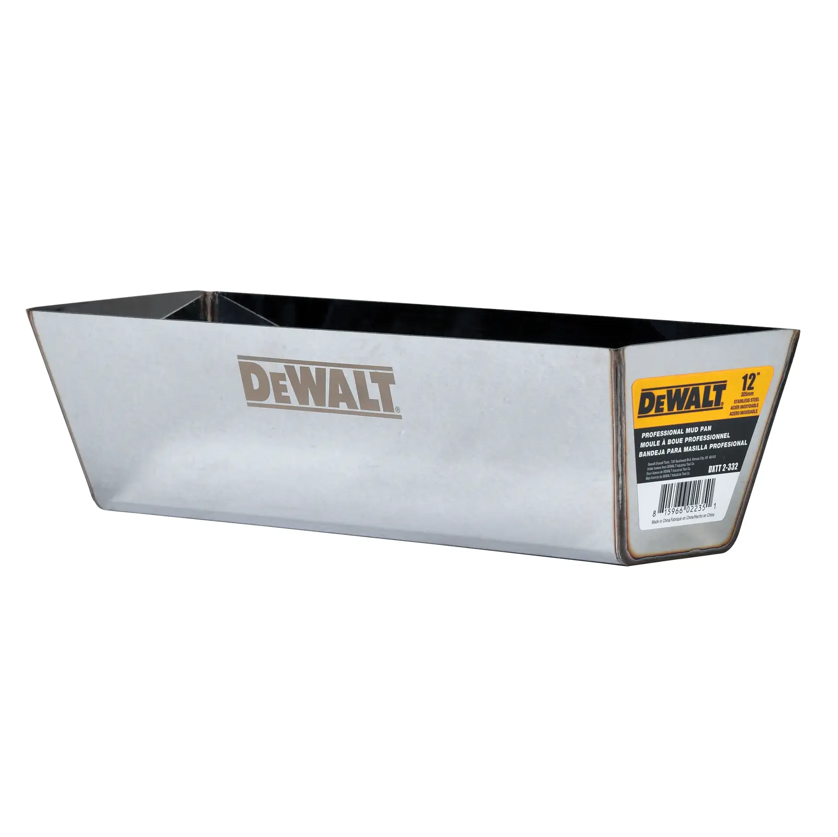 A rectangular metal DEWALT professional mud pan with a branded logo on the side and a yellow product label on the end.