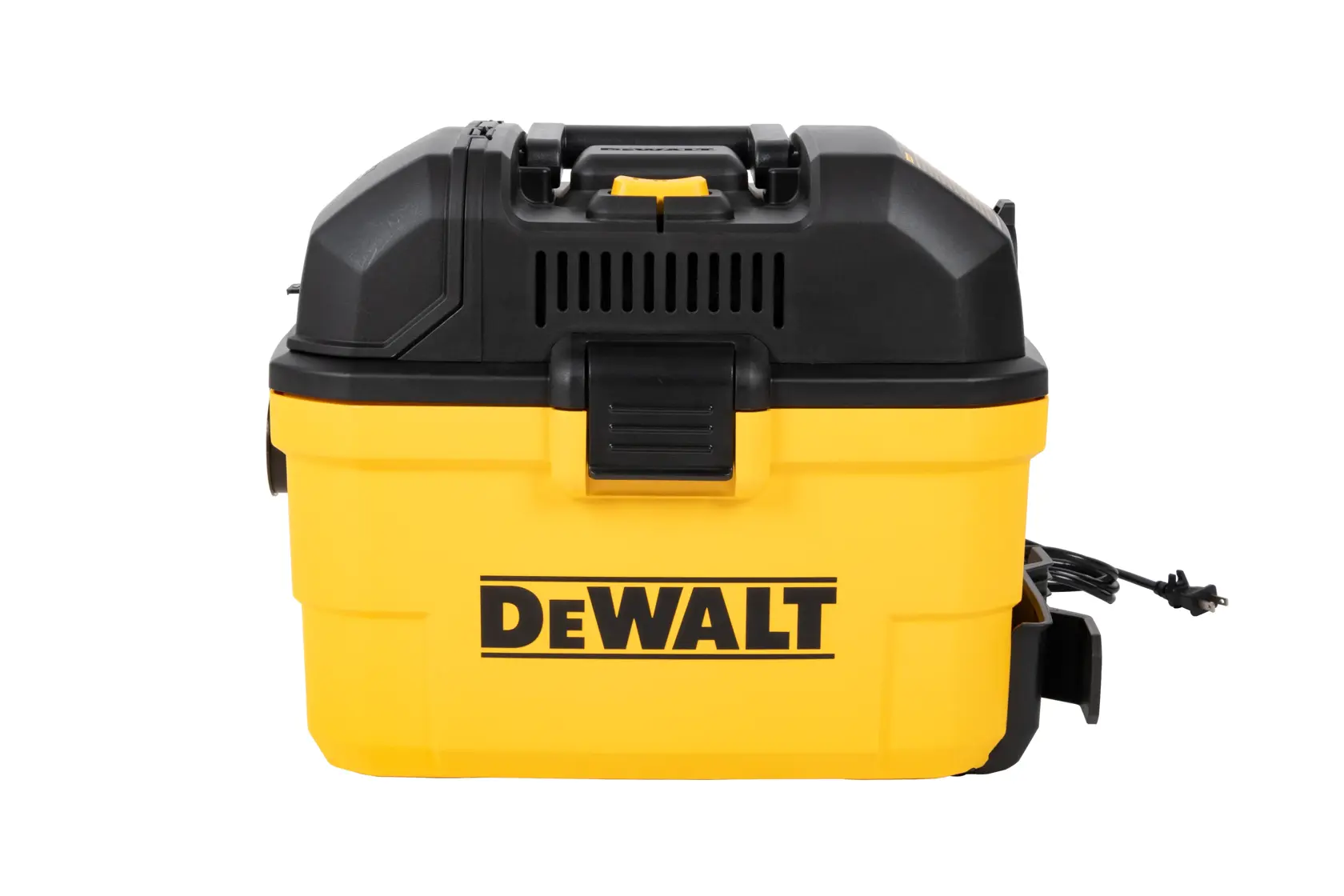 A yellow and black DEWALT portable wet/dry shop vacuum with a handle on top and a power cord attached, designed for cleaning tasks.