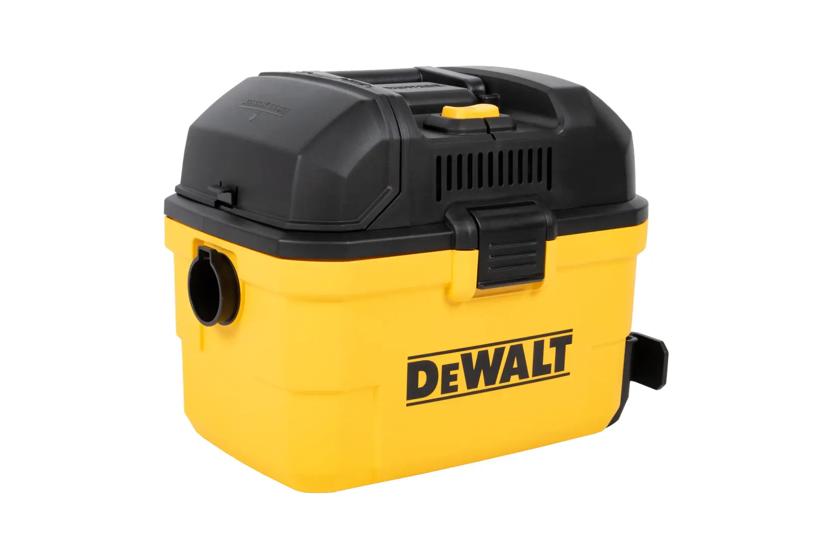 A DEWALT portable wet/dry vacuum with a yellow body and black top is shown. The vacuum has a carrying handle on top and a prominent hose port on the front side.