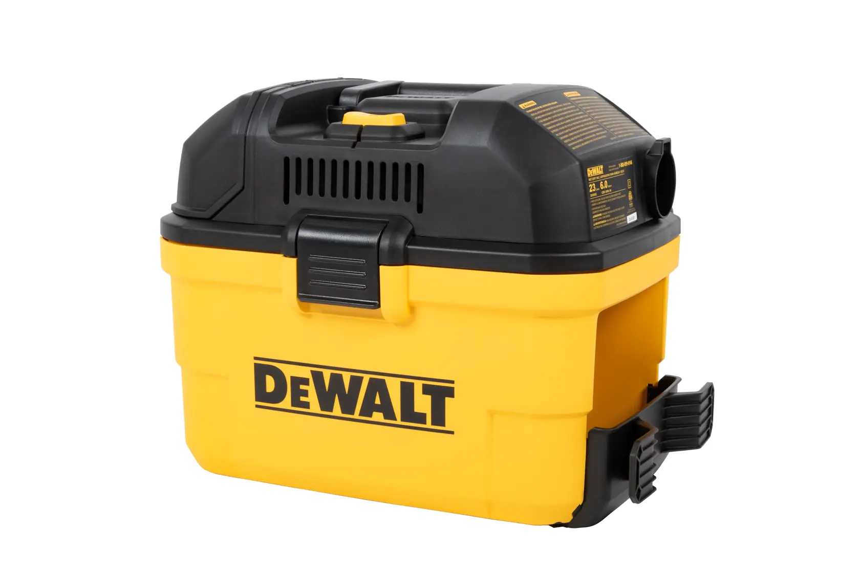 A yellow and black DEWALT portable wet/dry vacuum cleaner with a handle on top, labeled DXV06G.
