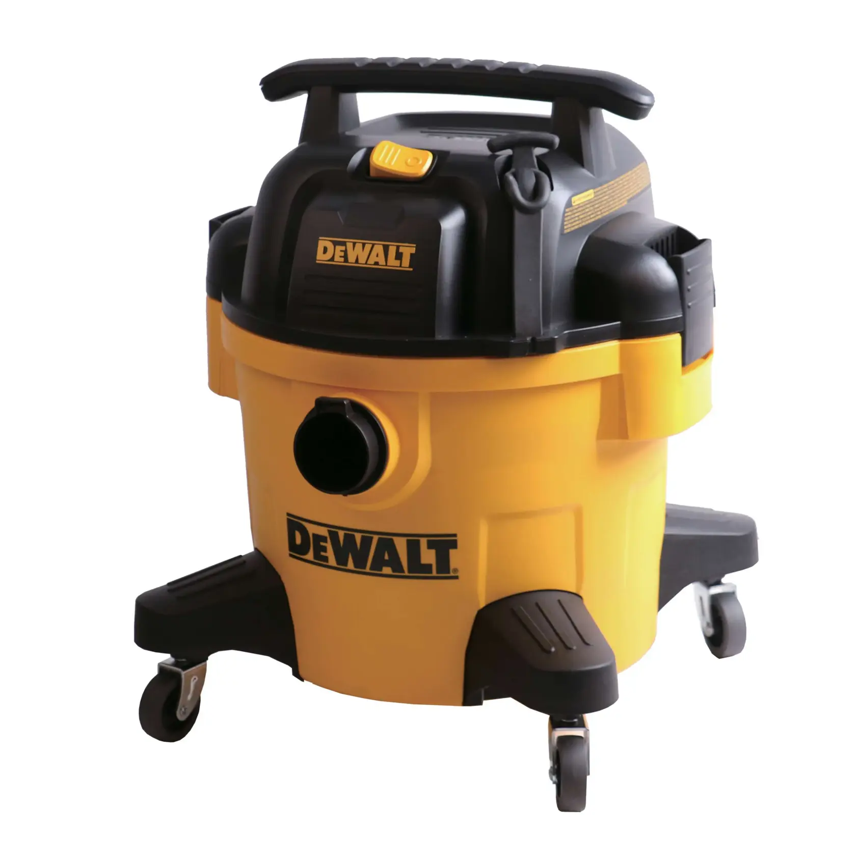 A DEWALT branded yellow and black wet/dry shop vacuum with a carry handle on top, wheels on the base, and a large port on the front.
