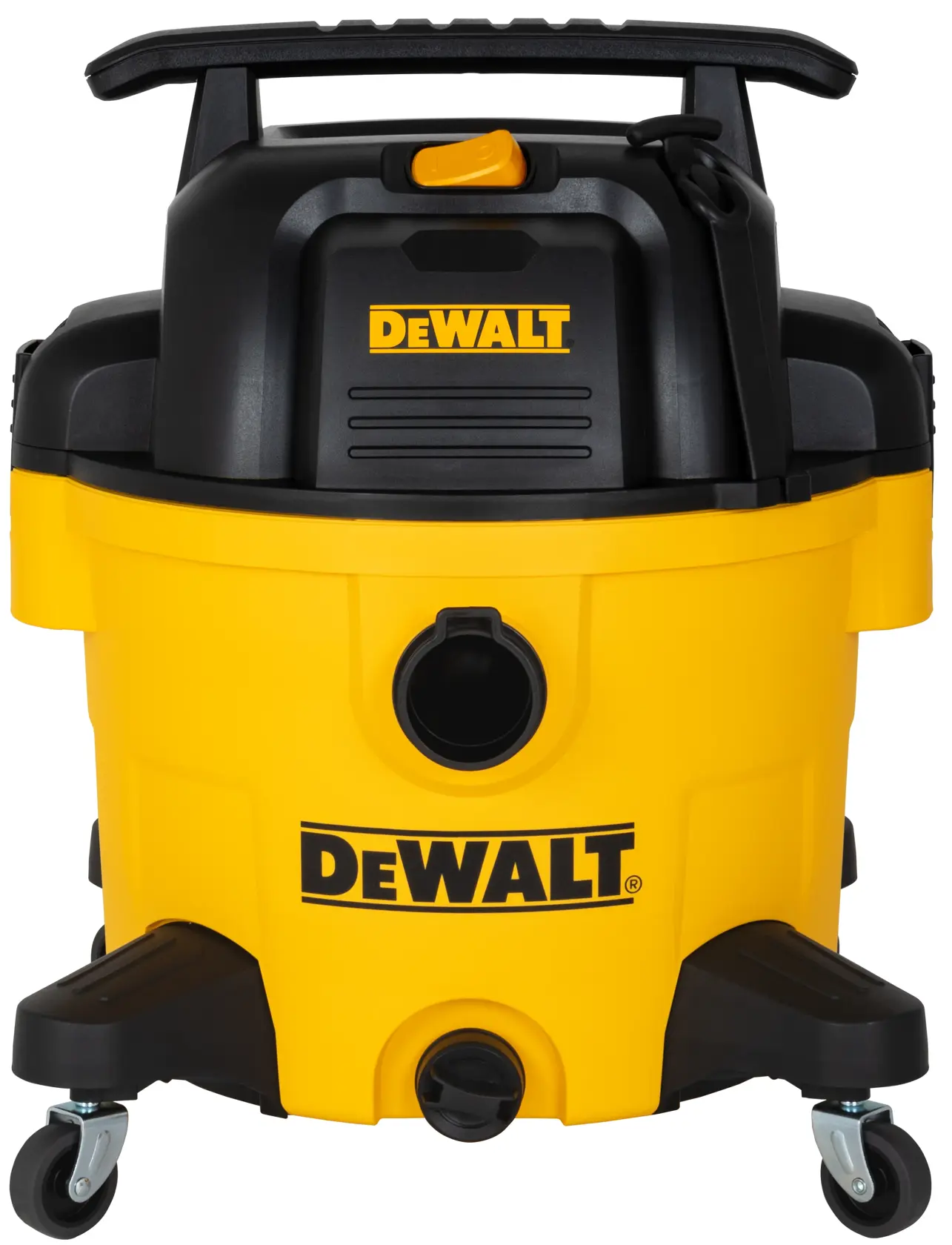 Front view of a DEWALT DXV09P wet dry vacuum cleaner with a yellow and black body, wheels, and handle.