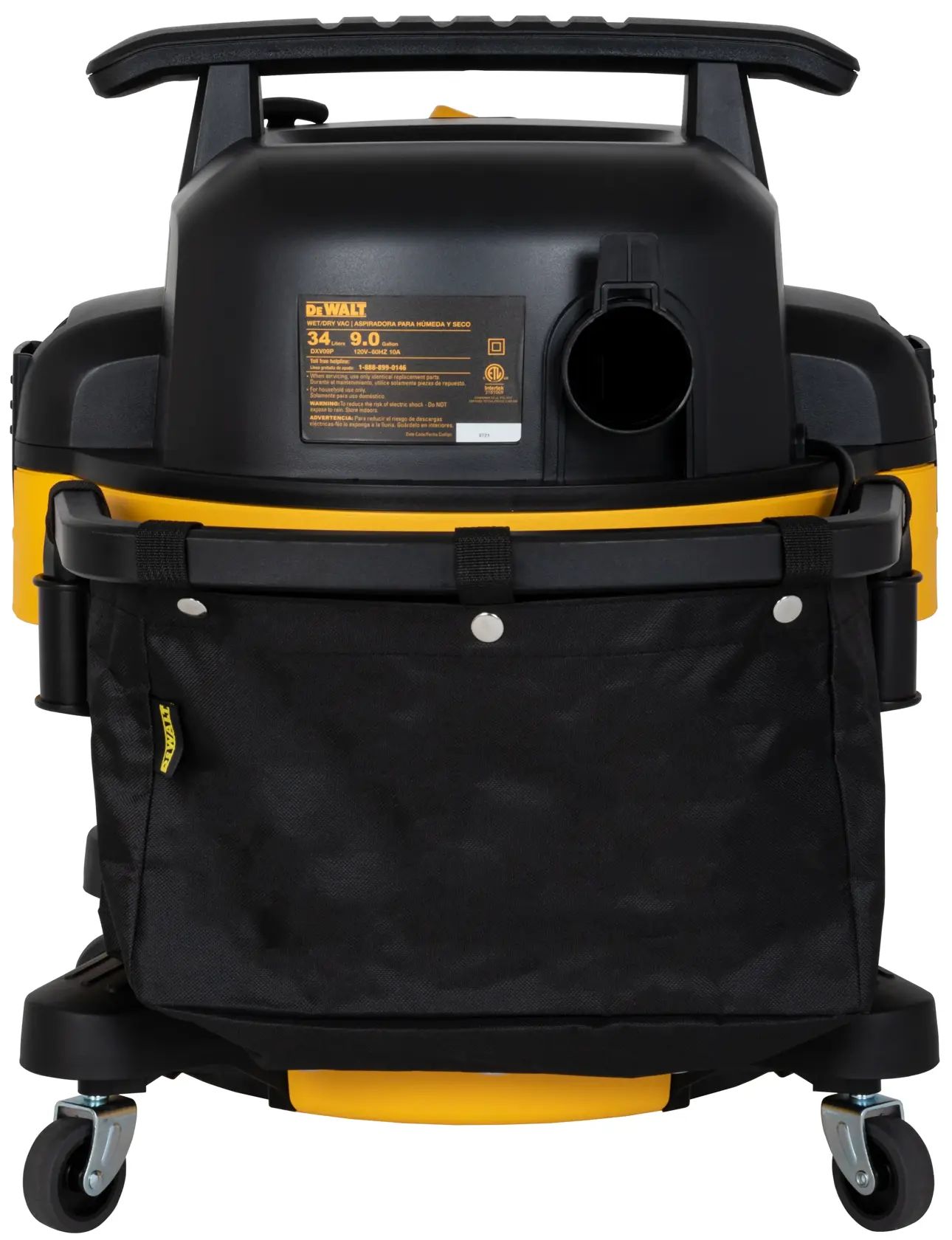 Rear view of a DEWALT DXV09P wet/dry vacuum with a black fabric tool bag attached to its base, visible wheels, and a carrying handle.