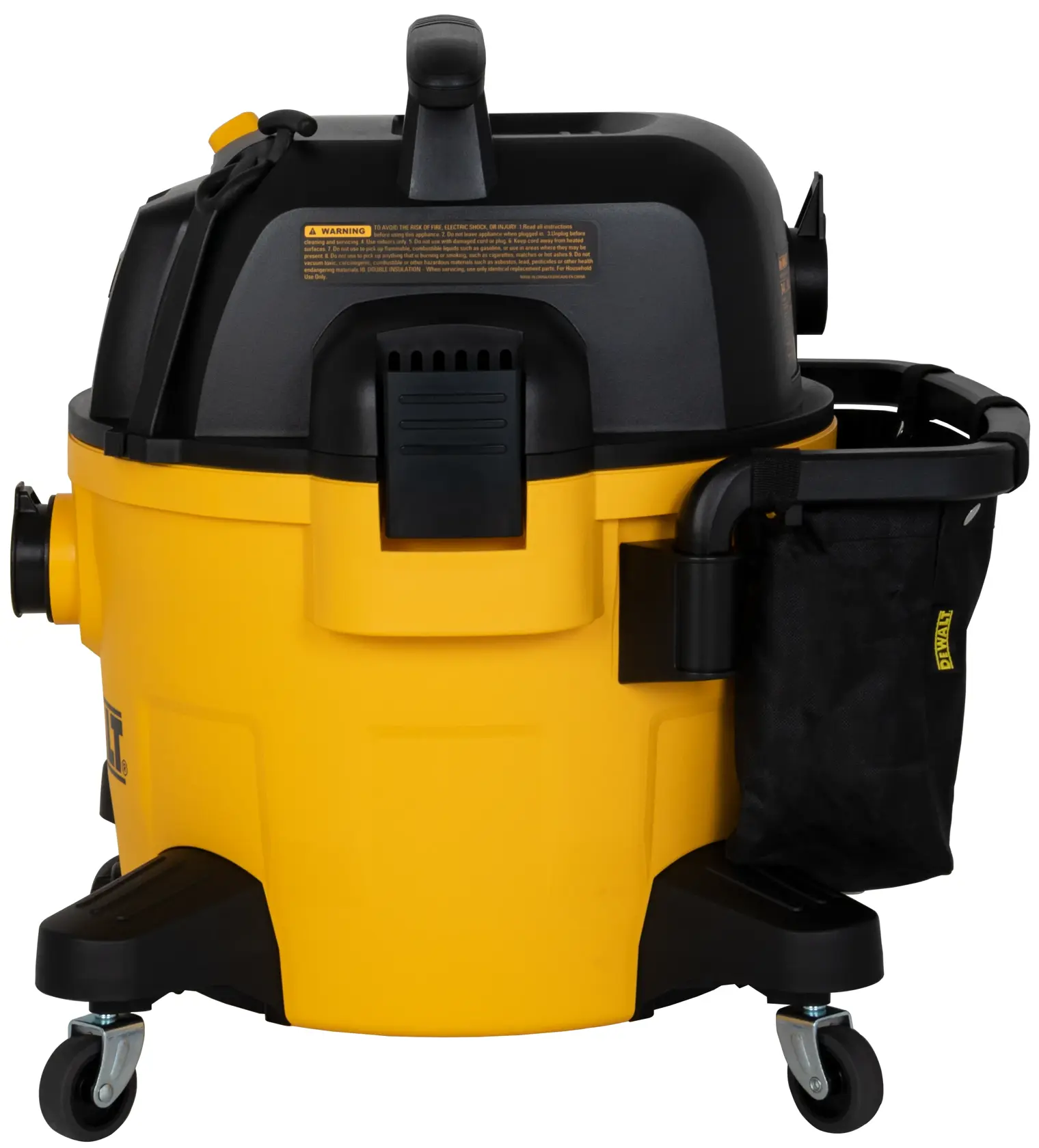 A yellow and black DEWALT wet/dry vacuum cleaner with a detachable accessory bag, four caster wheels for mobility, and a sturdy design. The vacuum is designed for workshop or garage use.
