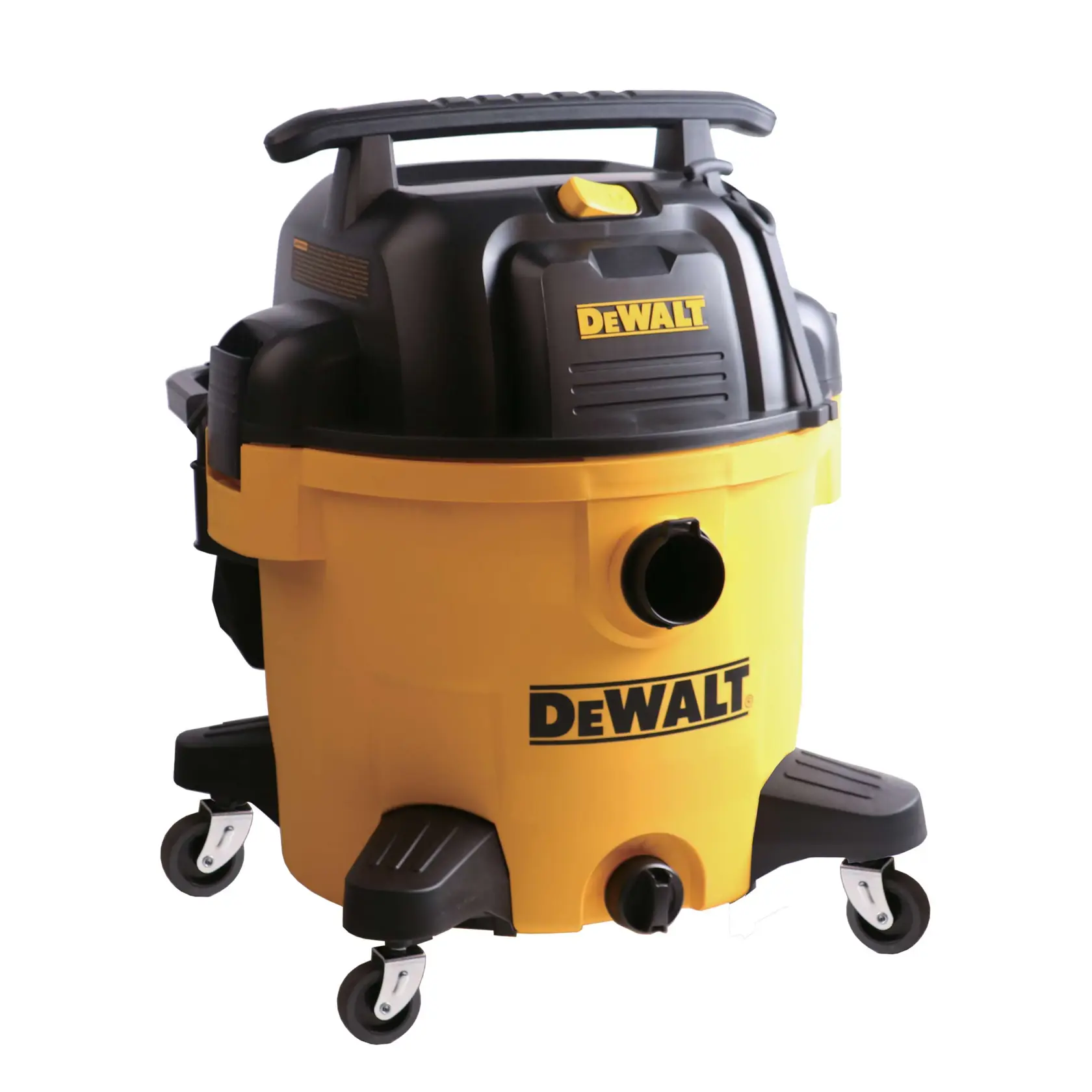 A DEWALT branded wet/dry vacuum cleaner with a yellow and black body and four wheels, suitable for workshop or garage use.