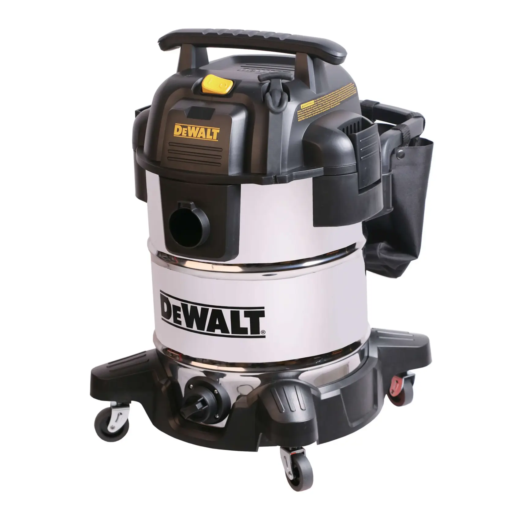 A DEWALT DXV10S wet and dry shop vacuum with a stainless steel body, black and yellow accents, wheels for mobility, a handle on top, and a tool bag attached on the side.
