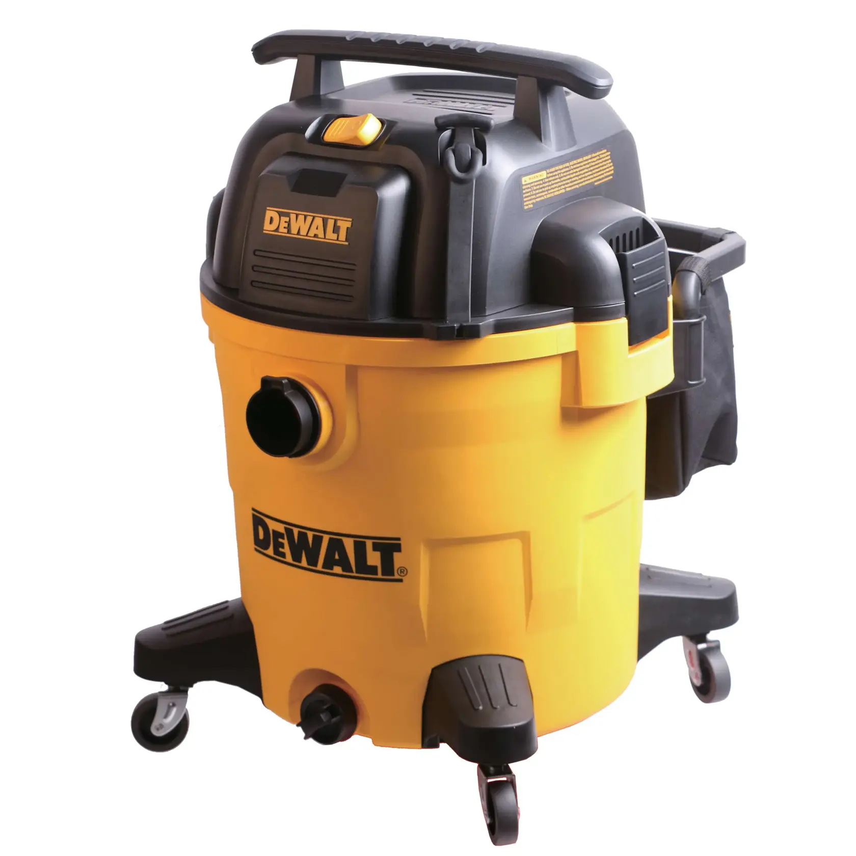 A yellow and black DEWALT wet/dry vacuum cleaner with wheels and a handle, model DXV12P, designed for heavy-duty cleaning tasks.