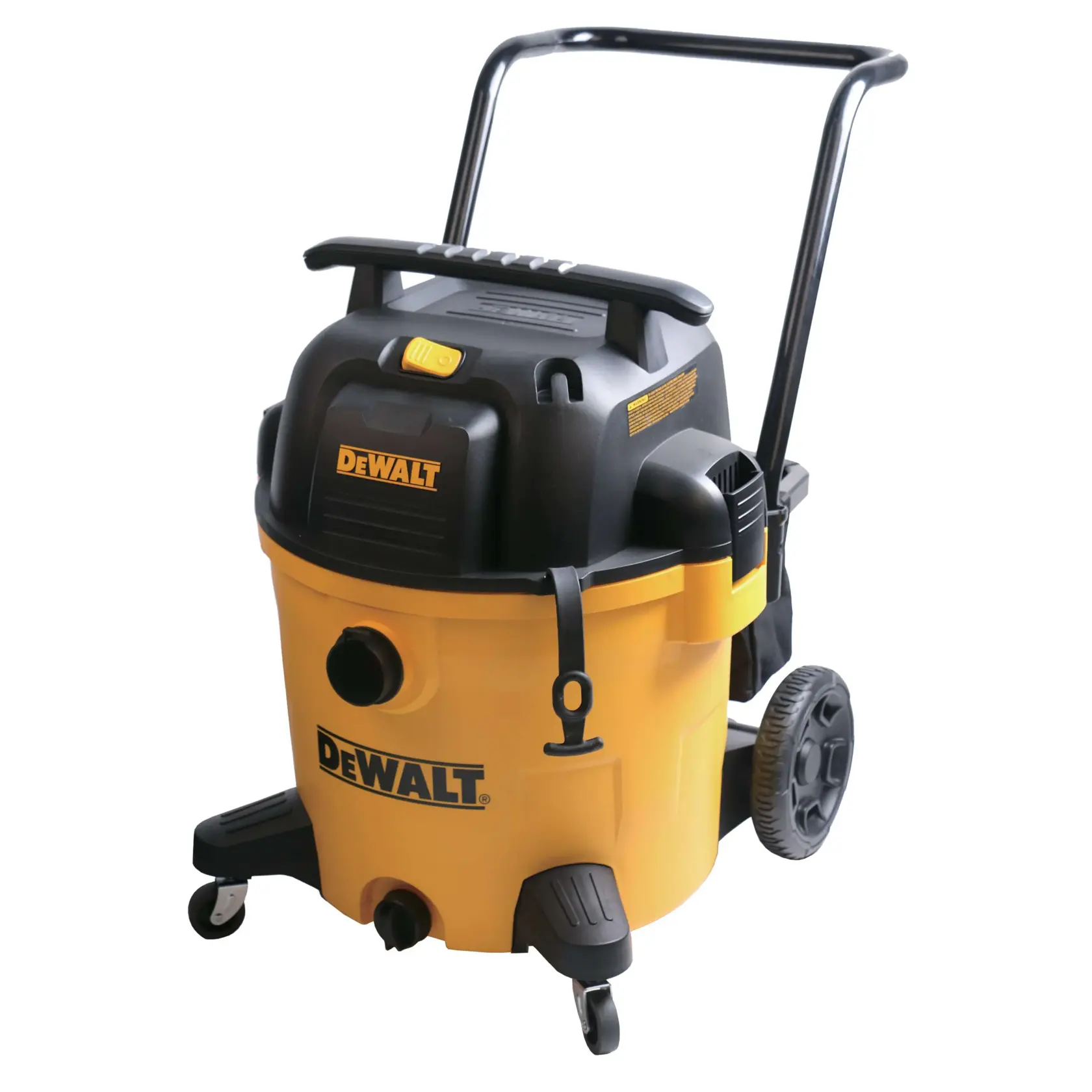 A DEWALT DXV14P wet/dry shop vacuum with a yellow and black body, large rear wheels and a handle for portability.