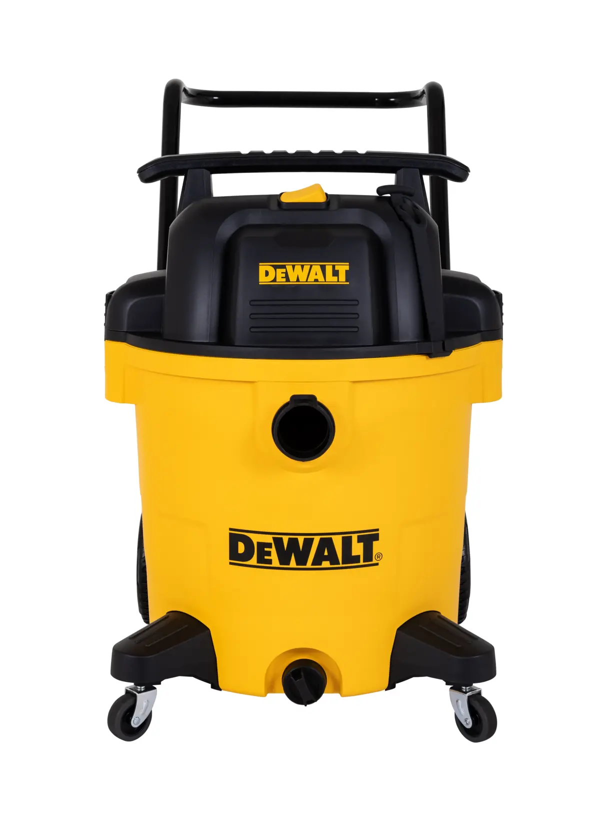 Front view of a yellow and black DEWALT wet/dry shop vacuum with wheels and handle.
