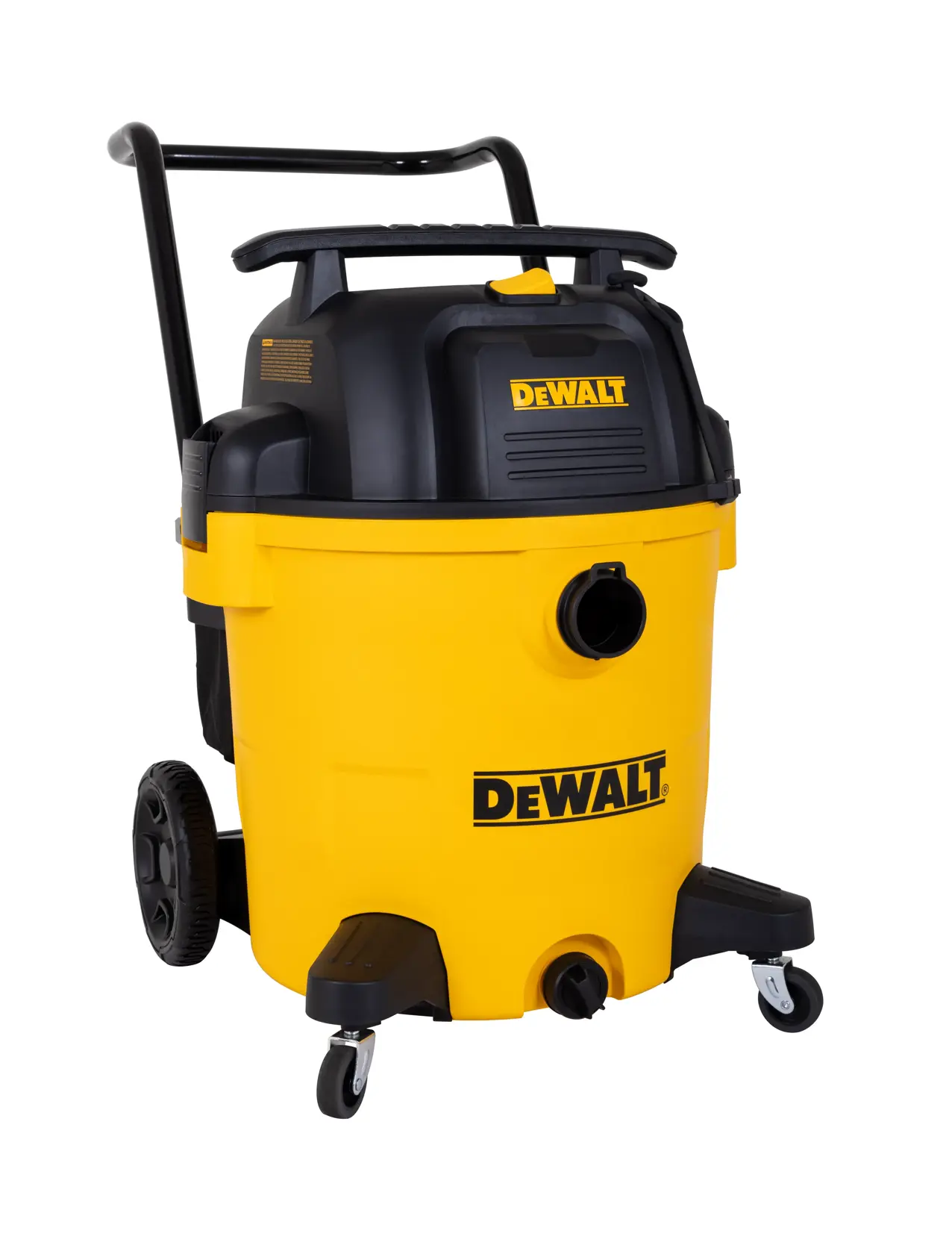 A large yellow and black DEWALT wet and dry vacuum cleaner with wheels and a handle, designed for heavy-duty cleaning.