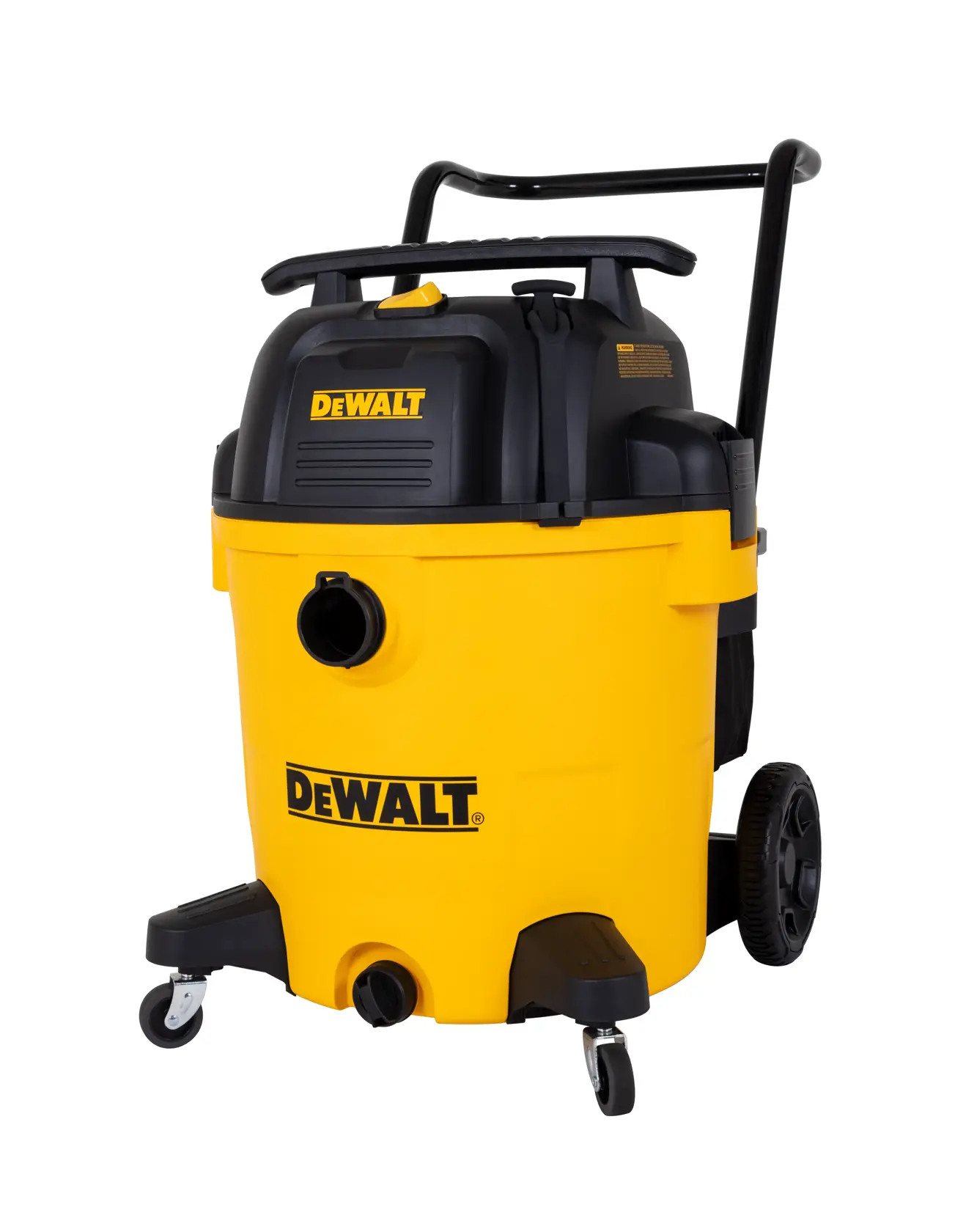 A DEWALT branded yellow and black wet/dry shop vacuum with wheels and a handle, designed for heavy-duty cleaning tasks.