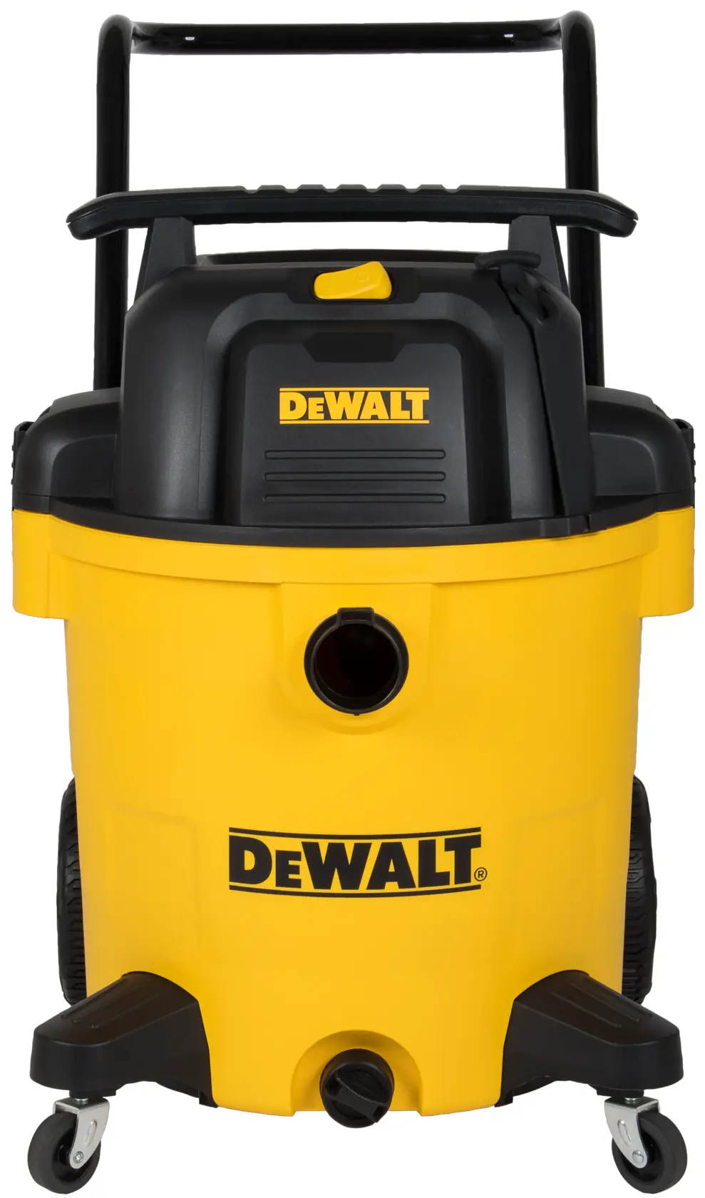 Front view of a DEWALT DXV16PA yellow and black wet/dry vacuum with wheels, a handle, and two ports. The DEWALT logo is visible on the front of the machine.